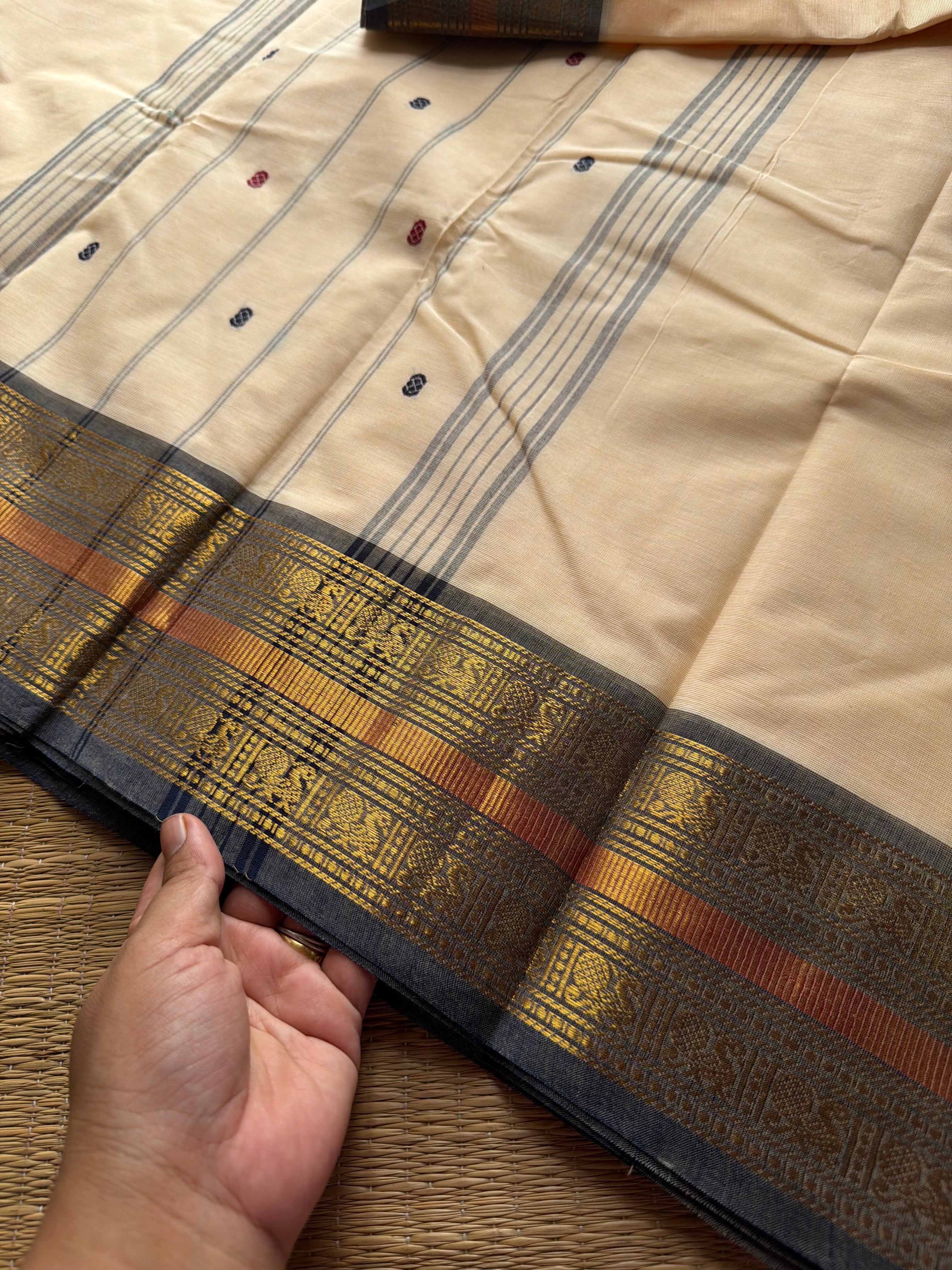 Half white with grey combination Kanchi cotton saree with handmade thread buttas