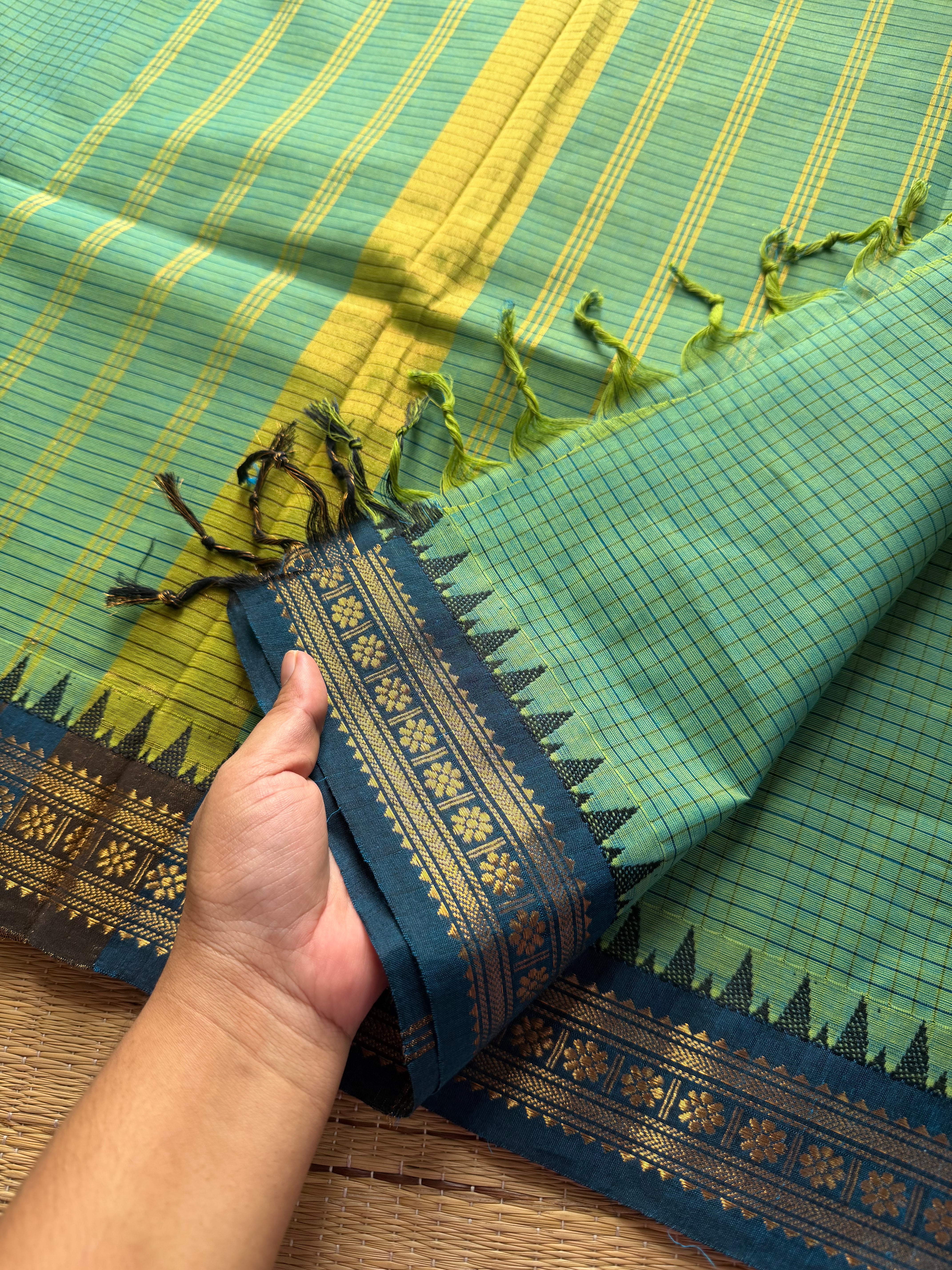 RF264 Turquoise with teal blue combination Podi Kattam Kanchi cotton saree with small border