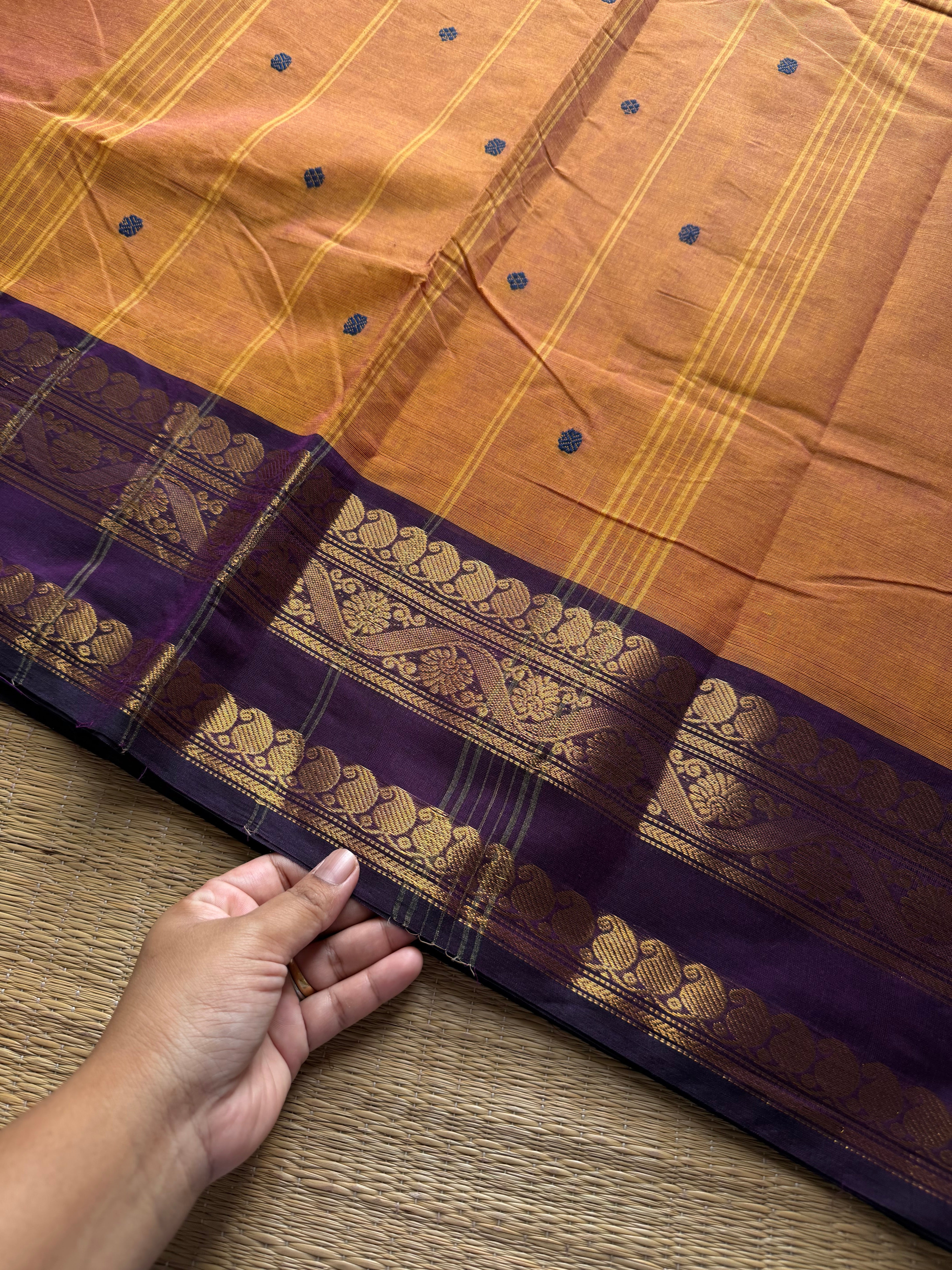 RF1027 Dual tone mango shade with contrast purple border Kanchi cotton saree with handmade thread buttas