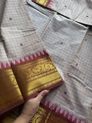 RF234 Beige With contrast light maroon combination Kanchi cotton saree with checks / Kattam pattern & handmade thread buttas