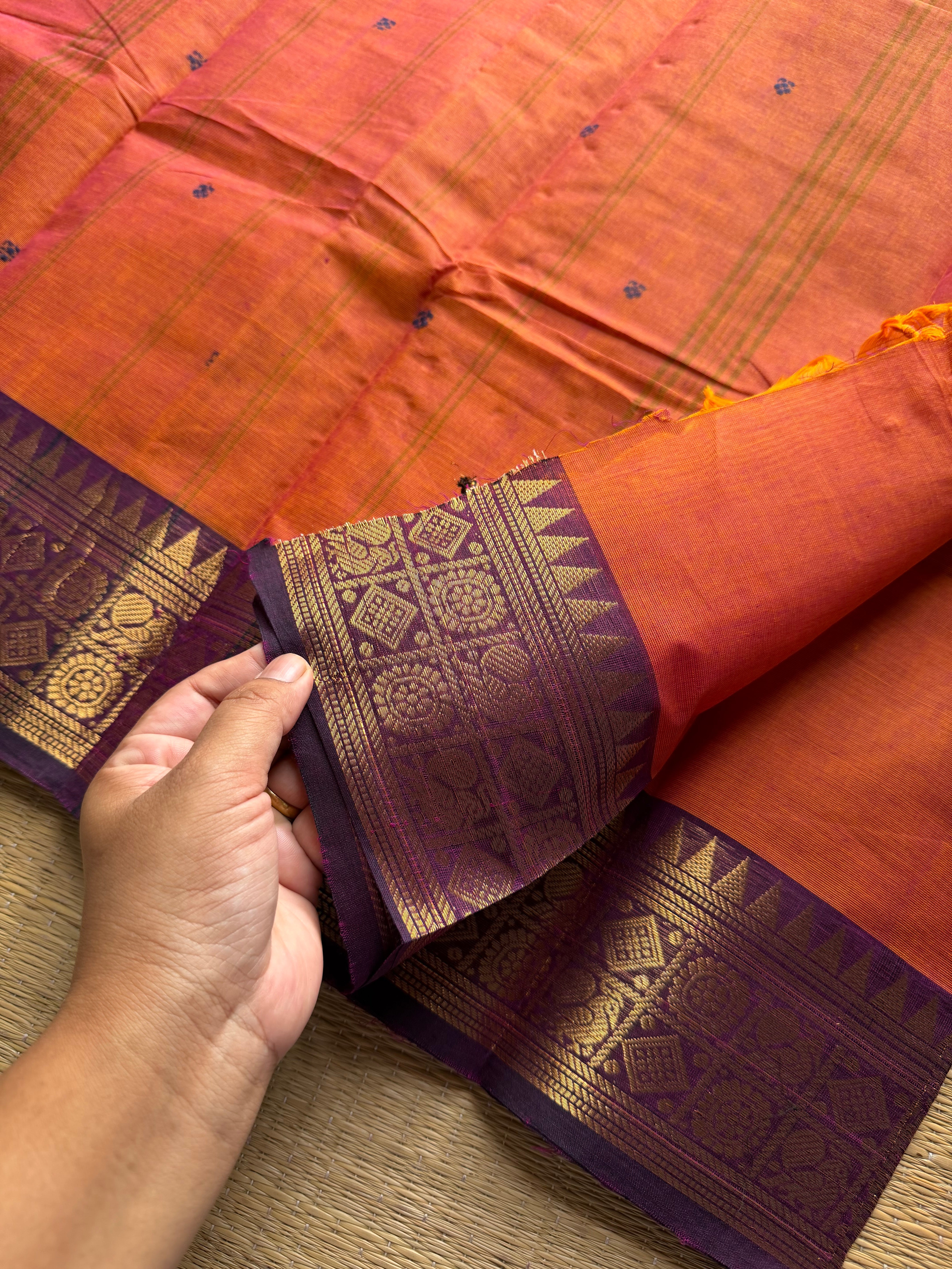RF1014 Orange shade ~ Kanchi cotton saree with handmade thread buttas