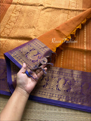 RF126 Dual tone rust orange shade Premium Kanchi Cotton saree With Vaira Oosi pattern and intricate Rich Zari woven Pallu