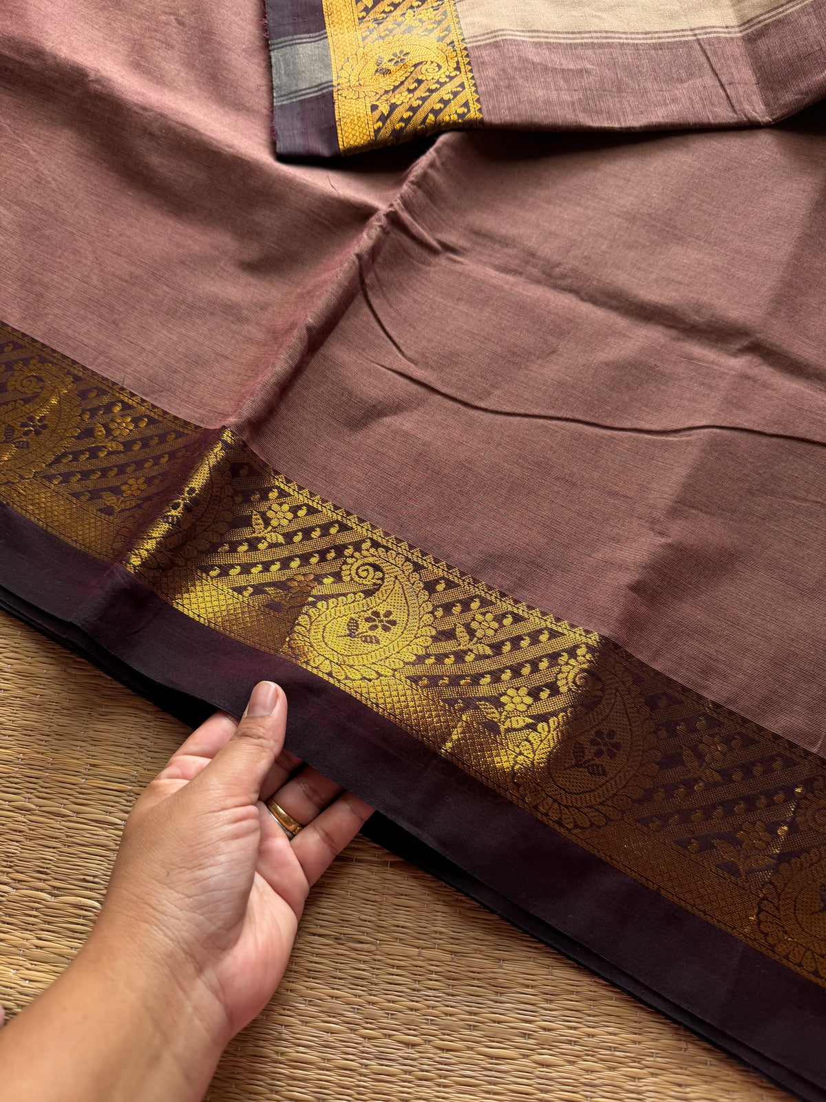 RF1178 Biscuit shade with brown combination Kanchi cotton saree