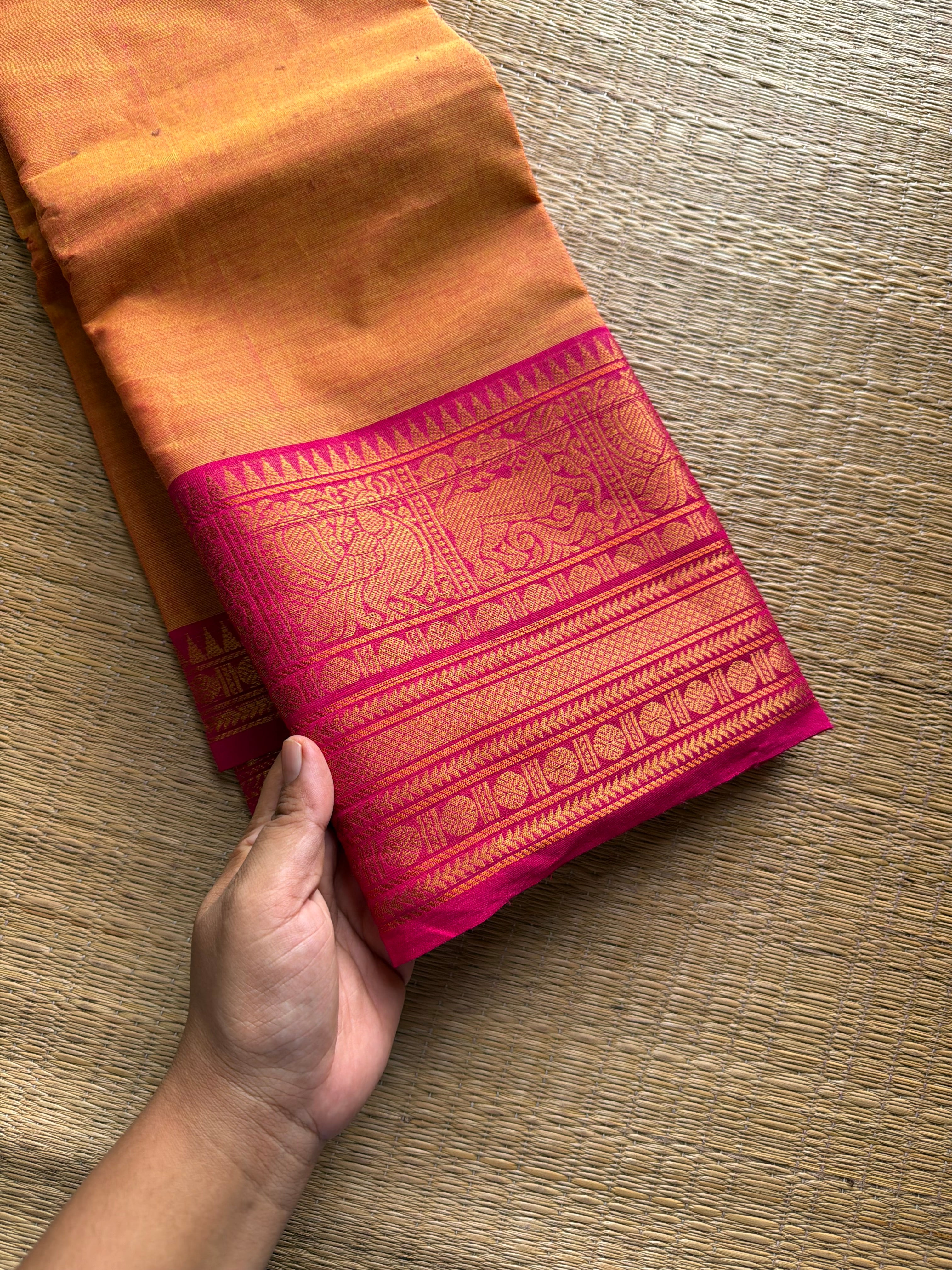 RF1132 Dark mango shade with pink ~ Kanchi cotton saree with yazhi pattern border