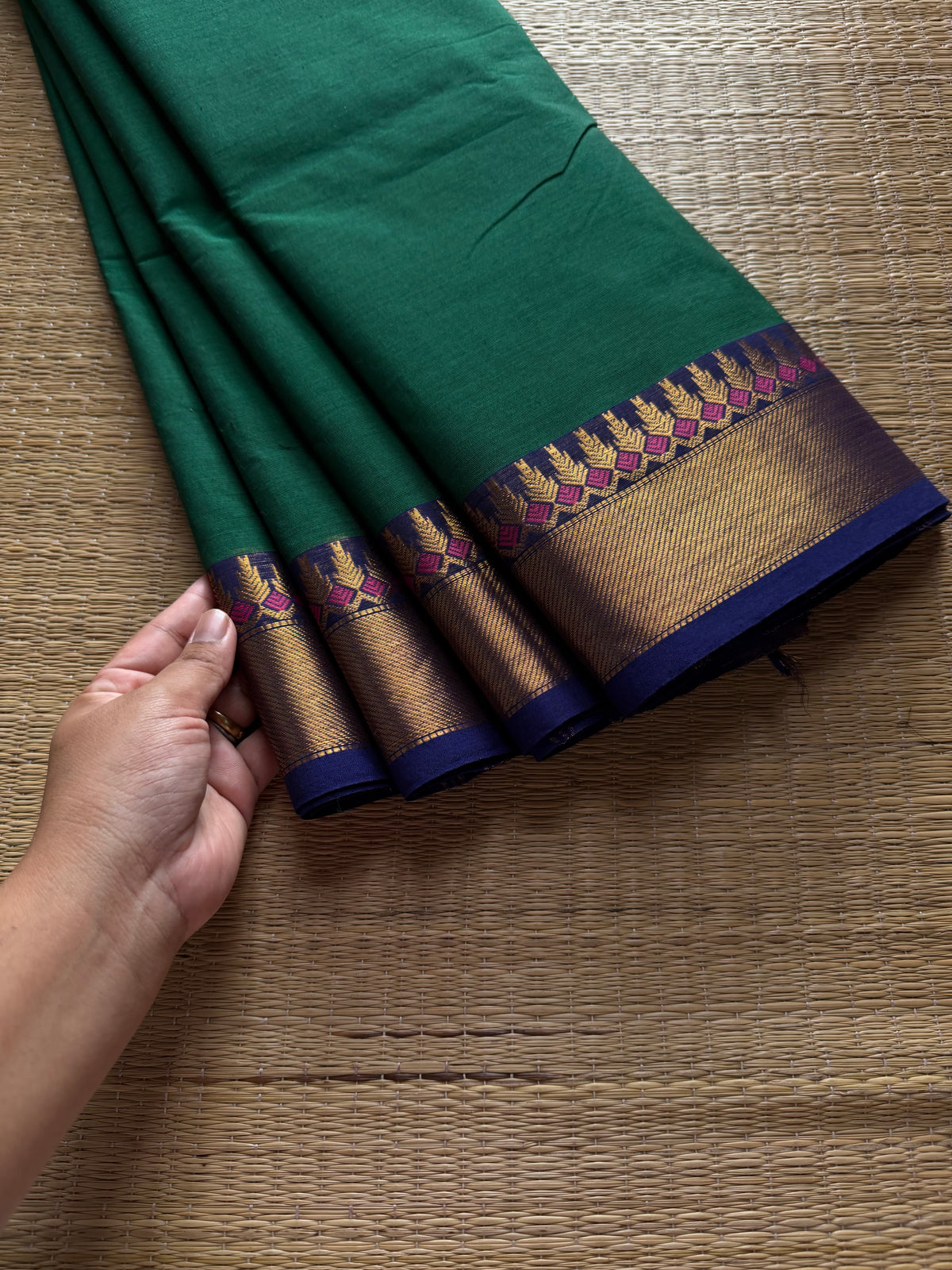 RF562 Dark Peacock green shade Kanchi cotton saree with contrast Zari border