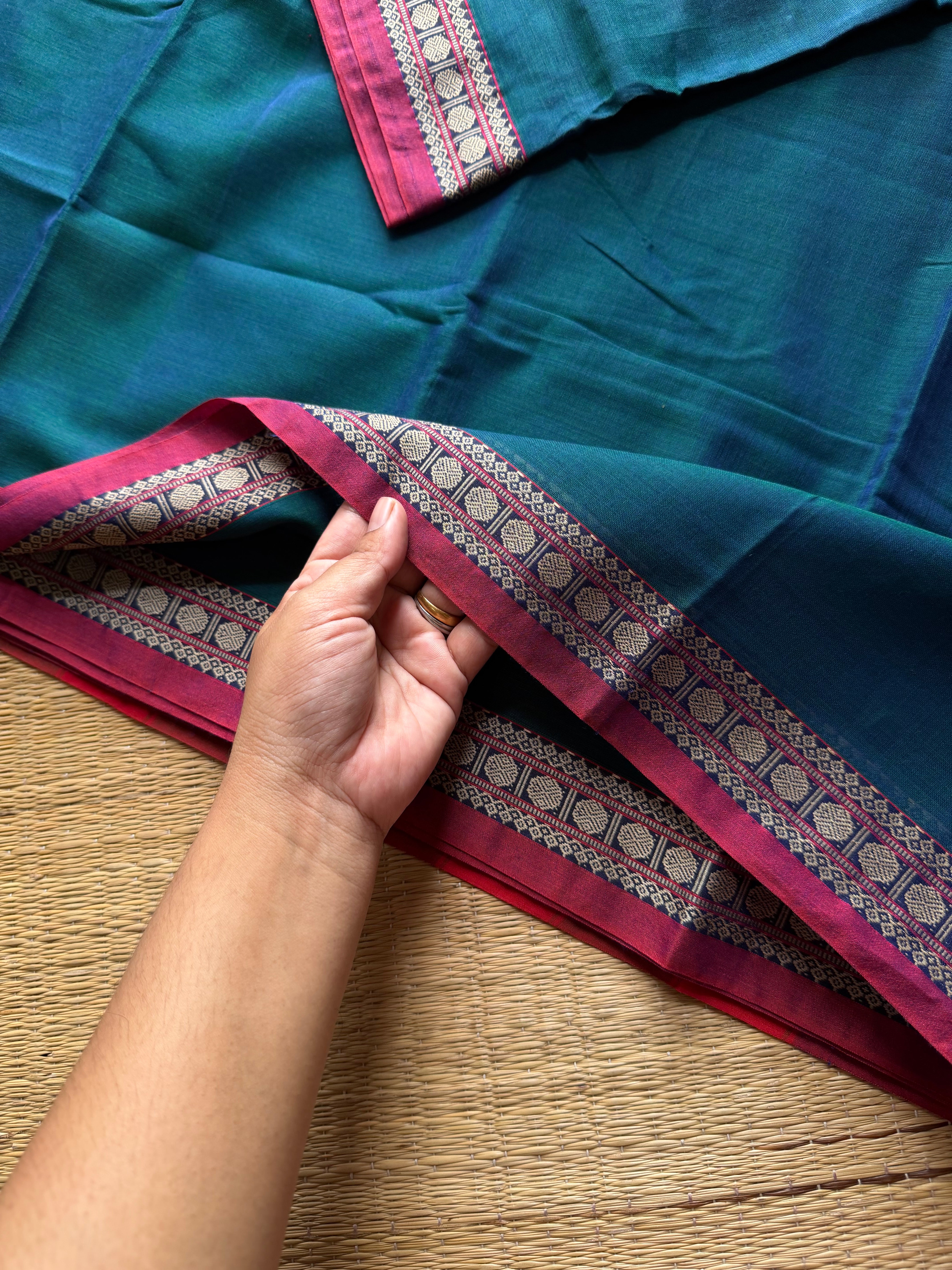 RF795 Peacock blue shade Mercerised Narayanpet cotton saree with small border