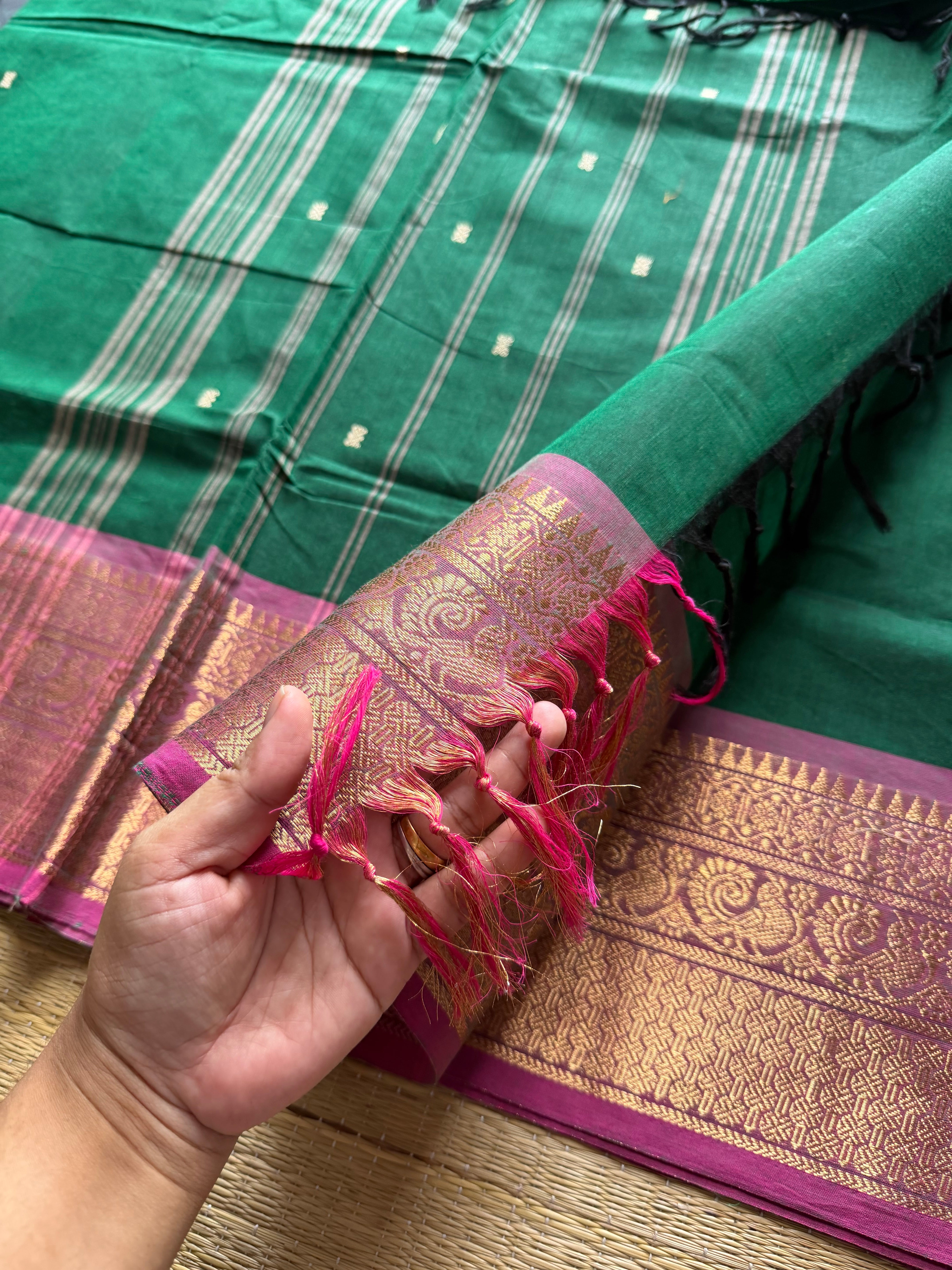 RF242 Green with light pink combination Kanchi cotton saree with handmade thread buttas