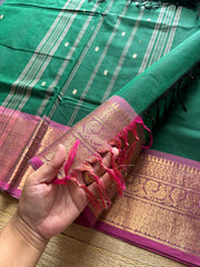 RF242 Green with light pink combination Kanchi cotton saree with handmade thread buttas