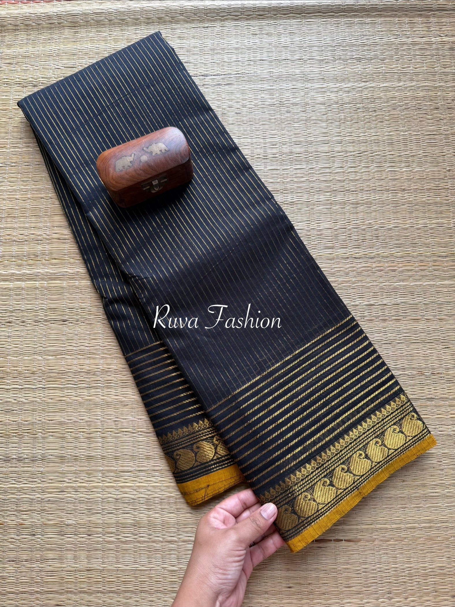 Black Vairaoosi Pattern Kanchi Cotton Saree With Small Contrast Mustard Shade Mango Pattern Zari Border - RF2