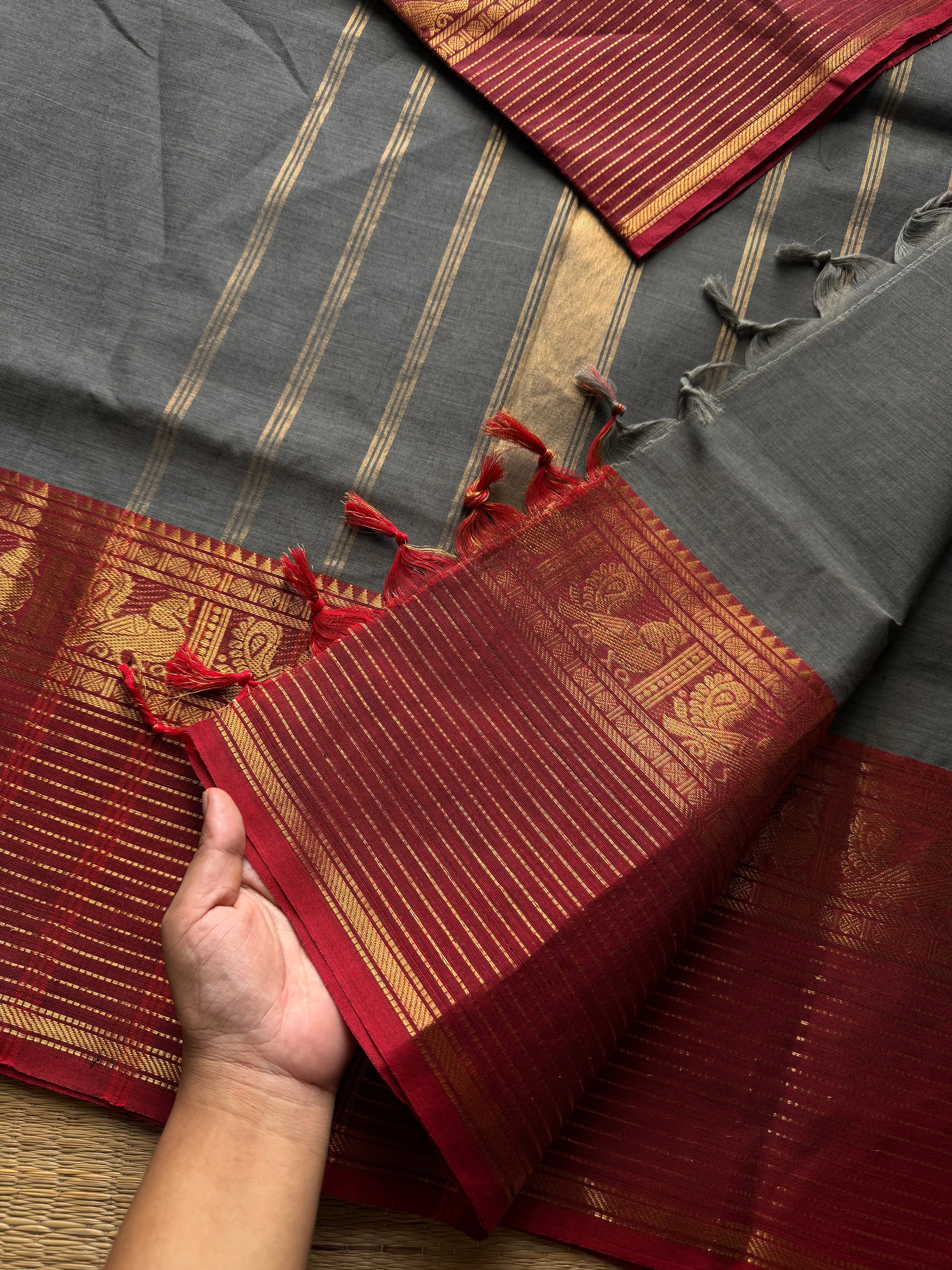 RF1165 Grey with Reddish Maroon / long border Kanchi cotton saree ~ Silk Saree Inspired
