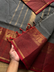 RF1165 Grey with Reddish Maroon / long border Kanchi cotton saree ~ Silk Saree Inspired
