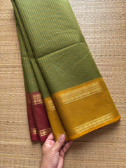 RF625 Pastel Methi Green shade Ganga Jamuna border Kanchi cotton saree with fully golden Vaira Oosi pattern