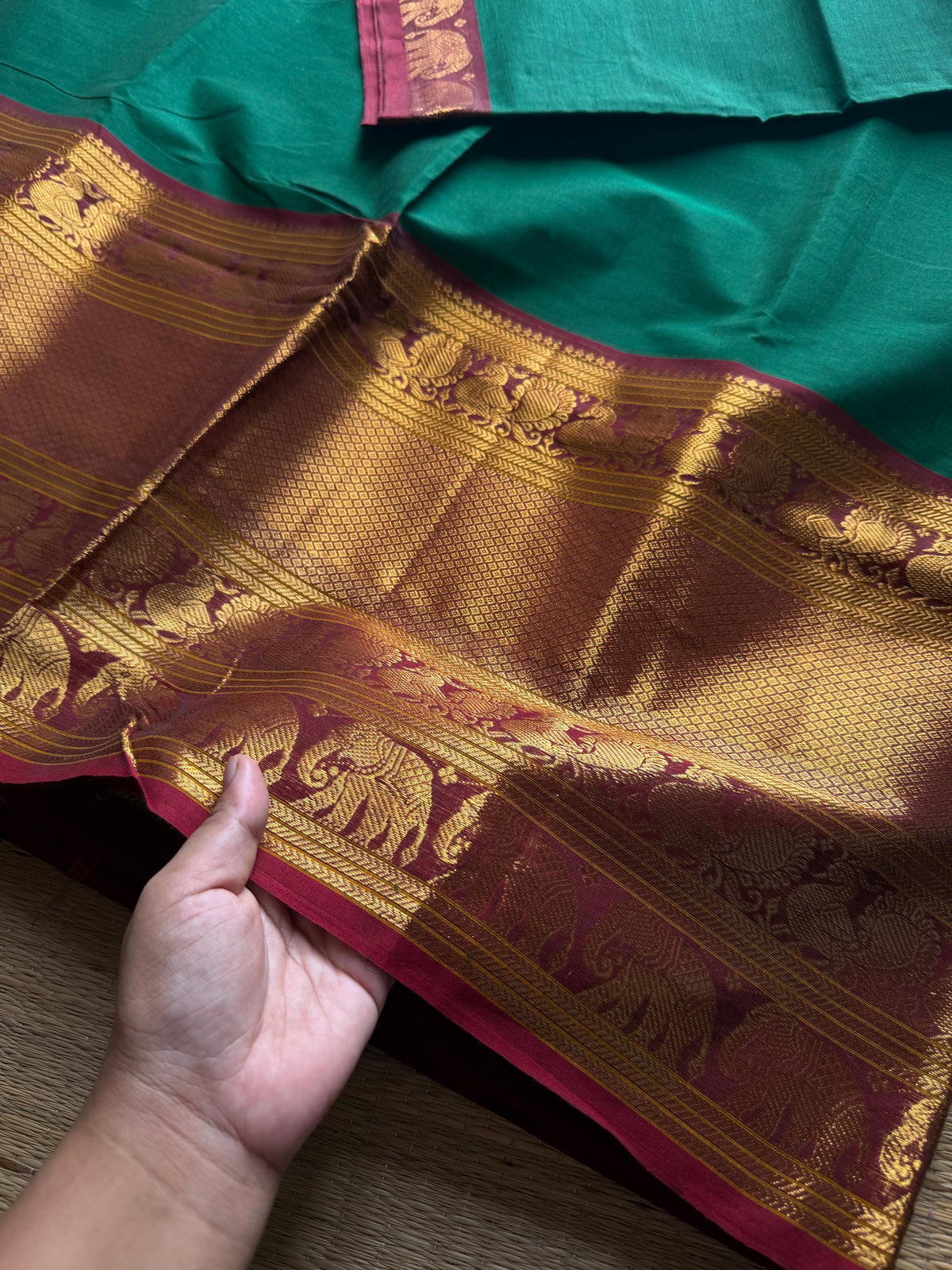 RF1192 Green with maroon ~ Long / Big border Kanchi cotton saree