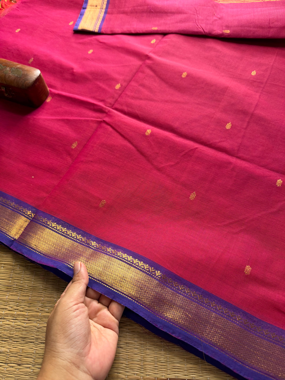 RF334 Magenta pink with violet combination small border Kanchi cotton saree with handmade golden Zari Buttas