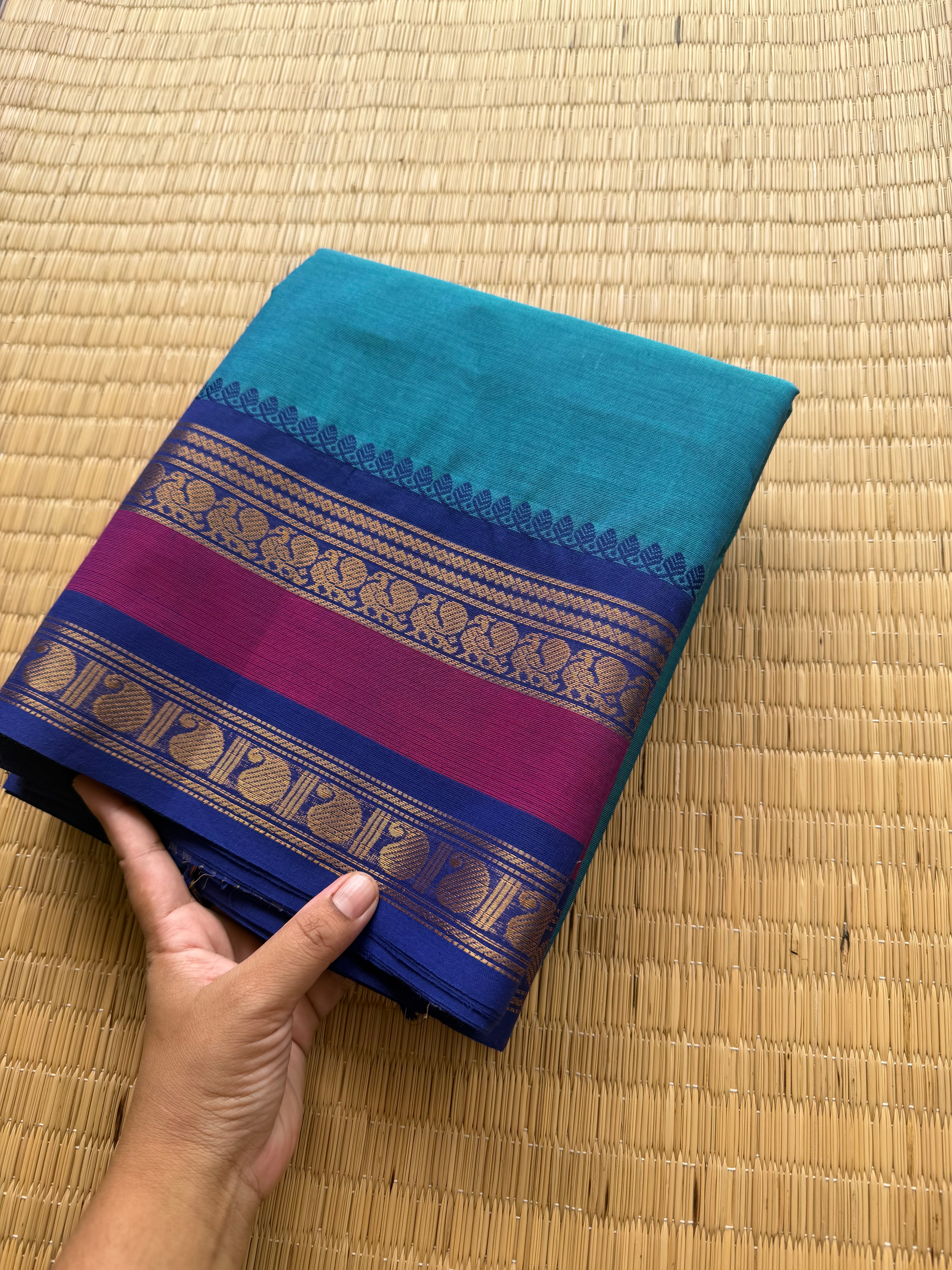 RF147 Peacock blue shade with royal blue and magenta pink combination kanchi cotton saree with Rettapet border