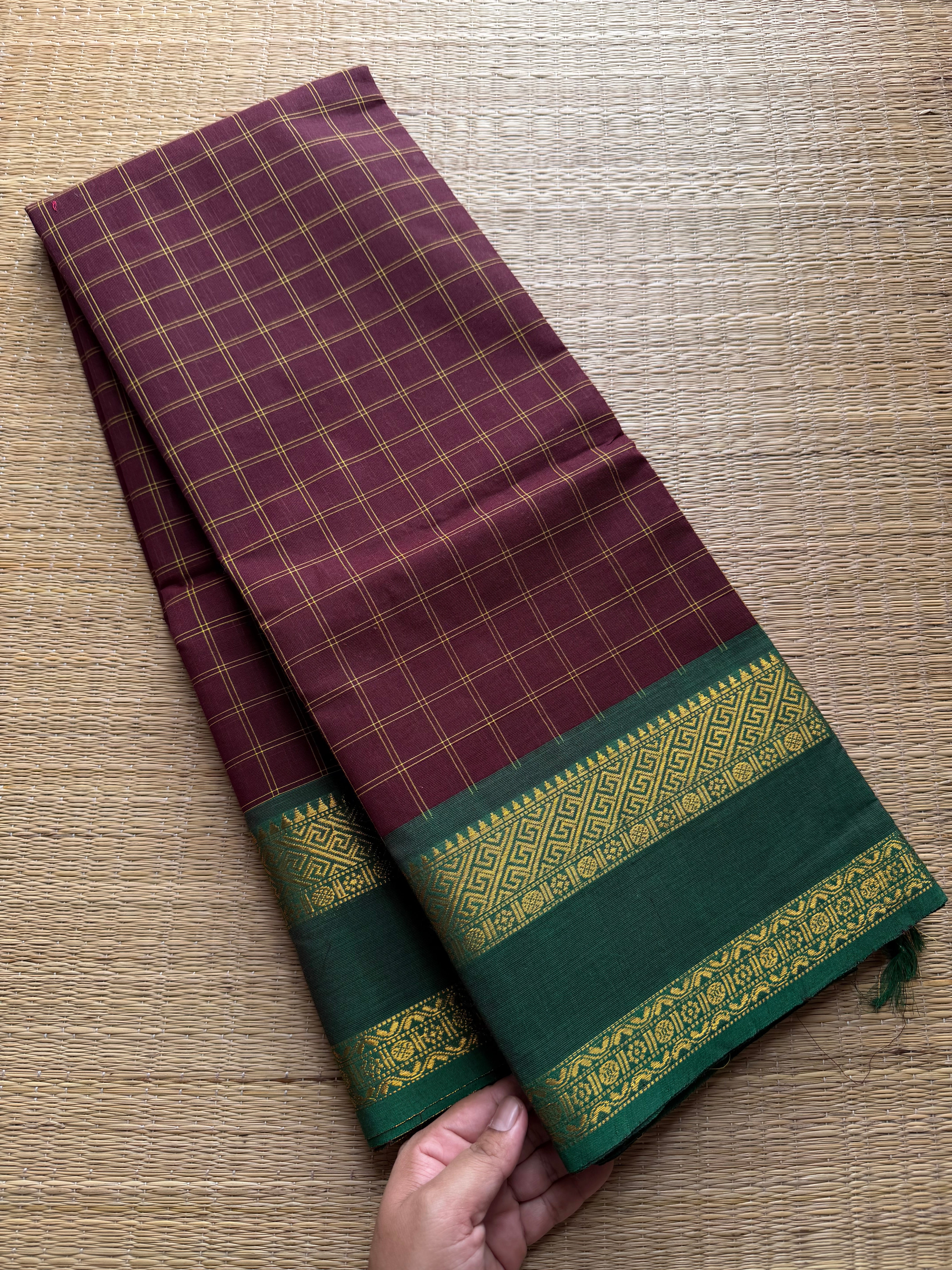 RF413 Dark Maroon With Contrast Green Combination Traditional Vintage Kattam Kanchi Cotton Saree With rettapet gap border