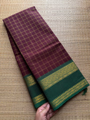 RF413 Dark Maroon With Contrast Green Combination Traditional Vintage Kattam Kanchi Cotton Saree With rettapet gap border