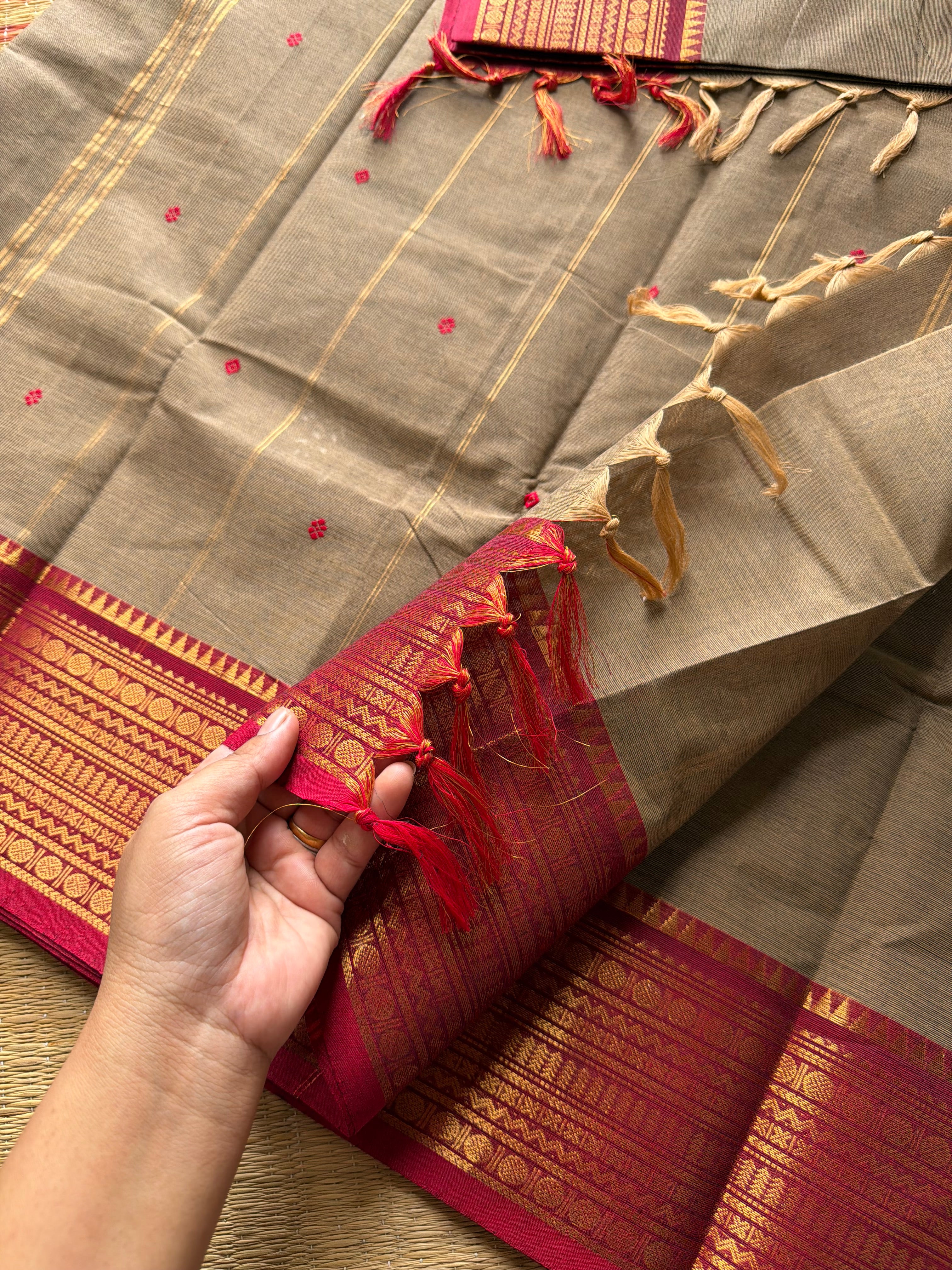 RF504 Grey with maroon combination Kanchi cotton saree with handmade thread buttas