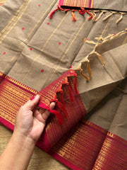 RF504 Grey with maroon combination Kanchi cotton saree with handmade thread buttas