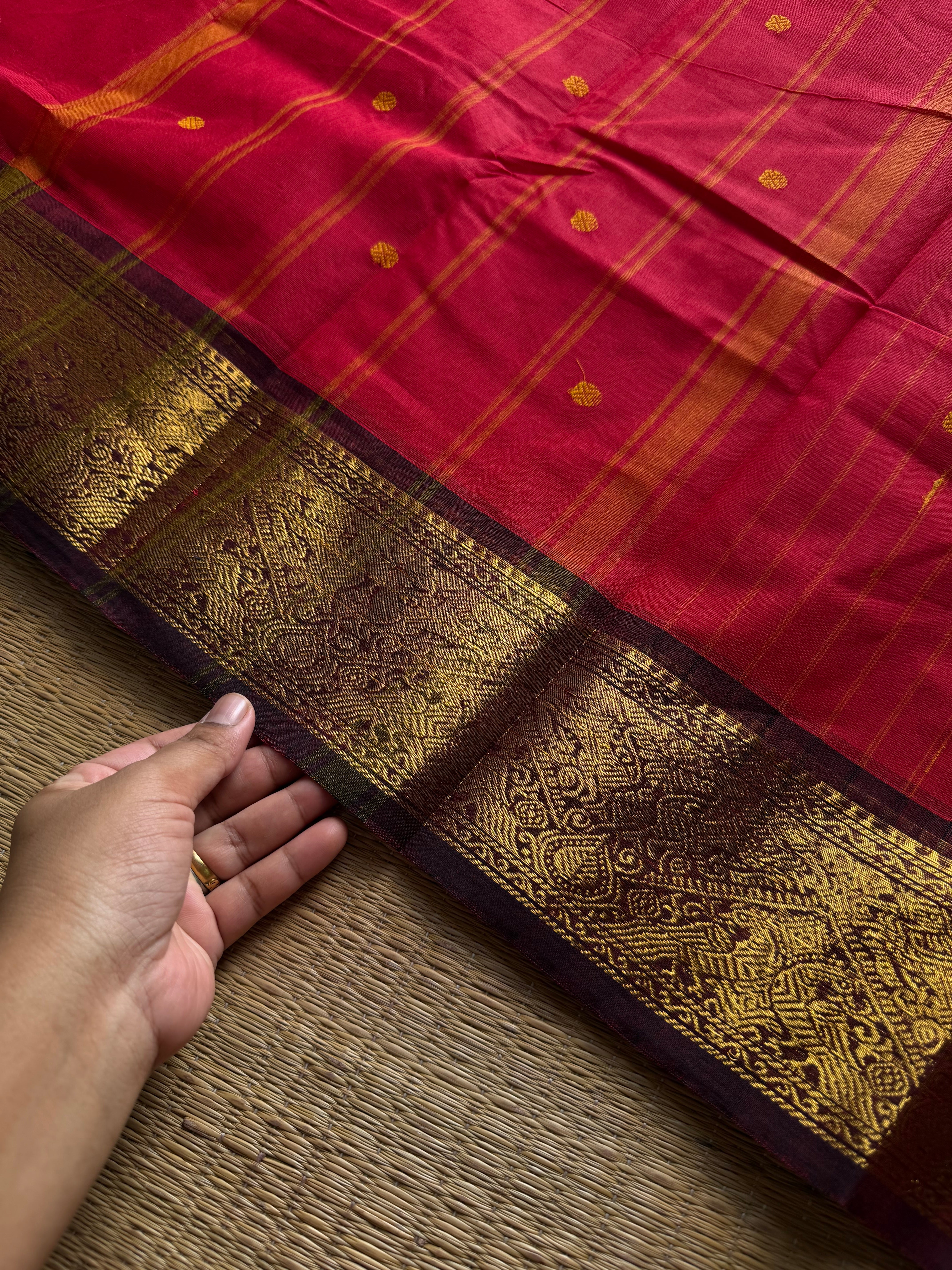 RF1412 Chilli red with brown ~ Vanasingaram border Kanchi cotton saree with handmade thread buttas