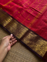 RF1412 Chilli red with brown ~ Vanasingaram border Kanchi cotton saree with handmade thread buttas