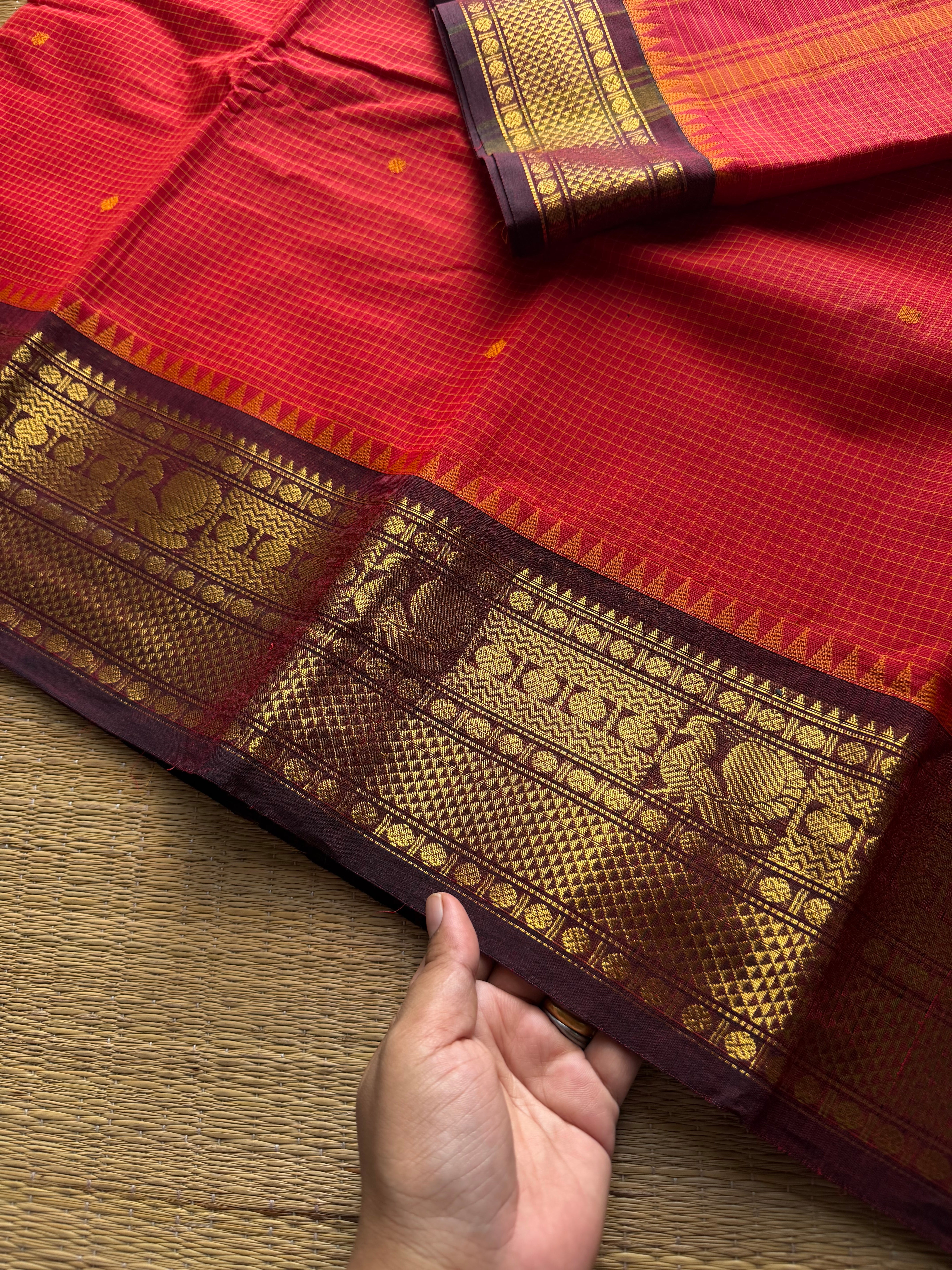 RF1423 Chilli red with brown ~ Vintage Podikattam / small checks Kanchi cotton saree with handmade thread buttas