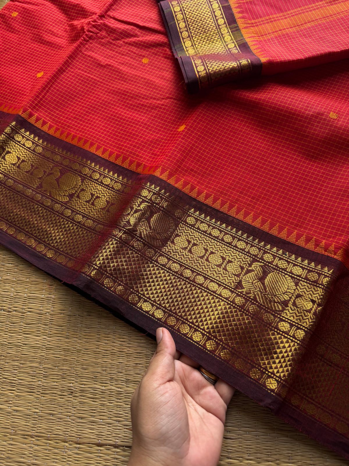 RF1423 Chilli red with brown ~ Vintage Podikattam / small checks Kanchi cotton saree with handmade thread buttas