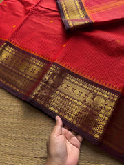 RF1423 Chilli red with brown ~ Vintage Podikattam / small checks Kanchi cotton saree with handmade thread buttas