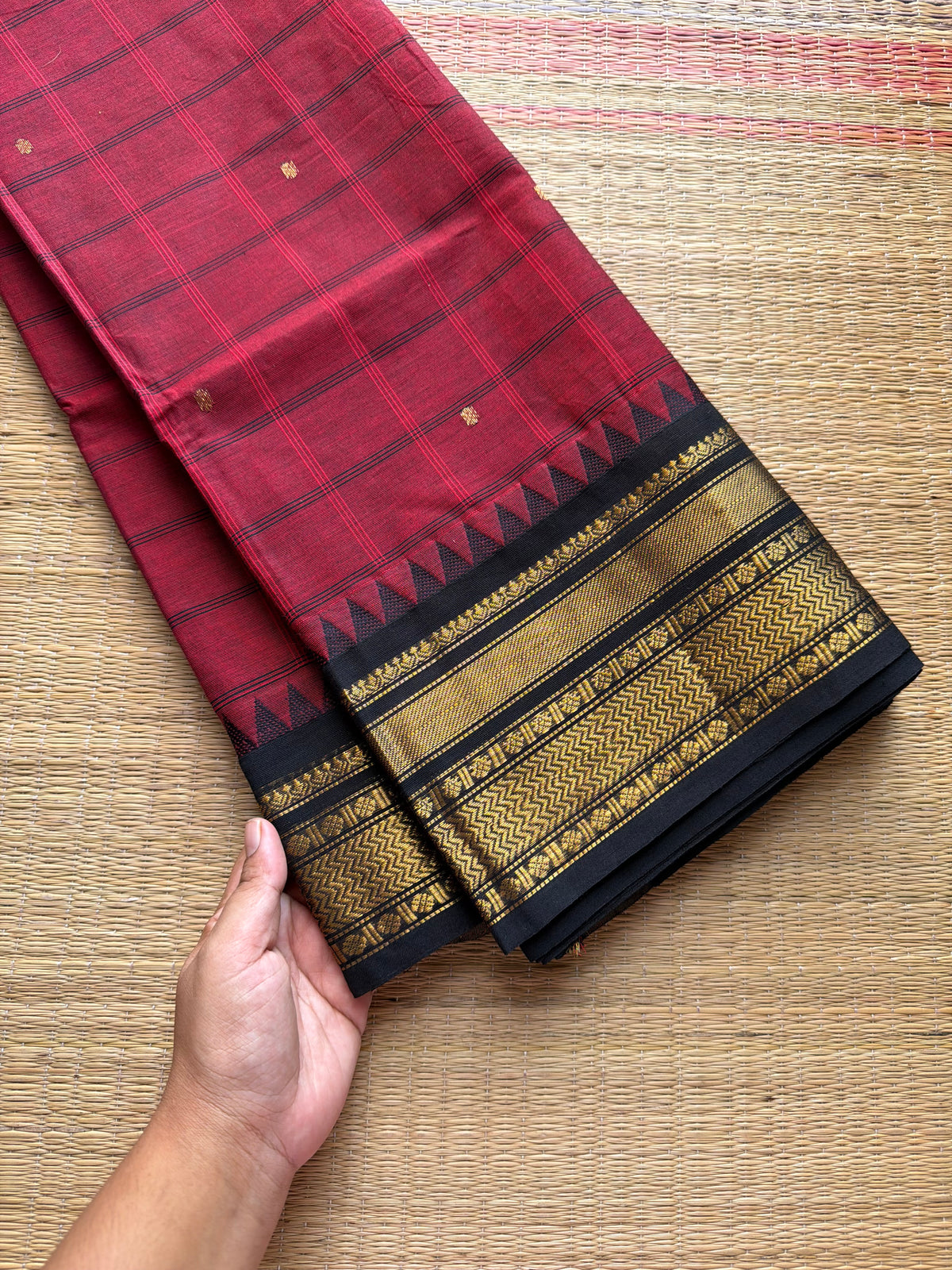RF624 Kanchi Kattam ~ Reddish maroon shade with black combination Kanchi cotton saree with handmade thread buttas