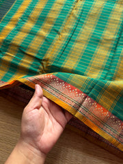 RF526 Dark bottle green Mercerised Narayanpet cotton saree with contrast small border and checks / kattam pattern