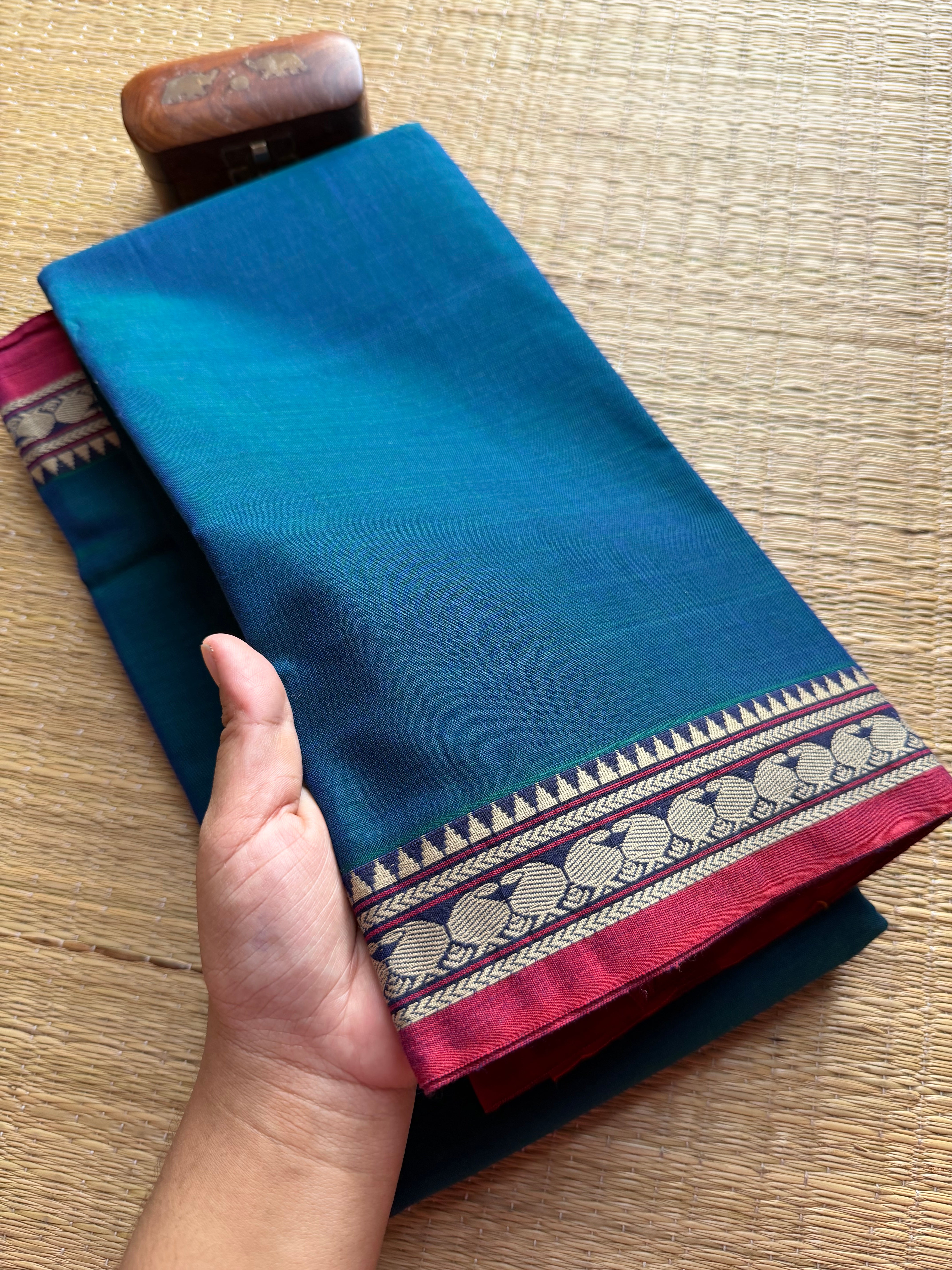 Peacock Blue Shade Mercerised Narayanpet Cotton Saree With Small Border