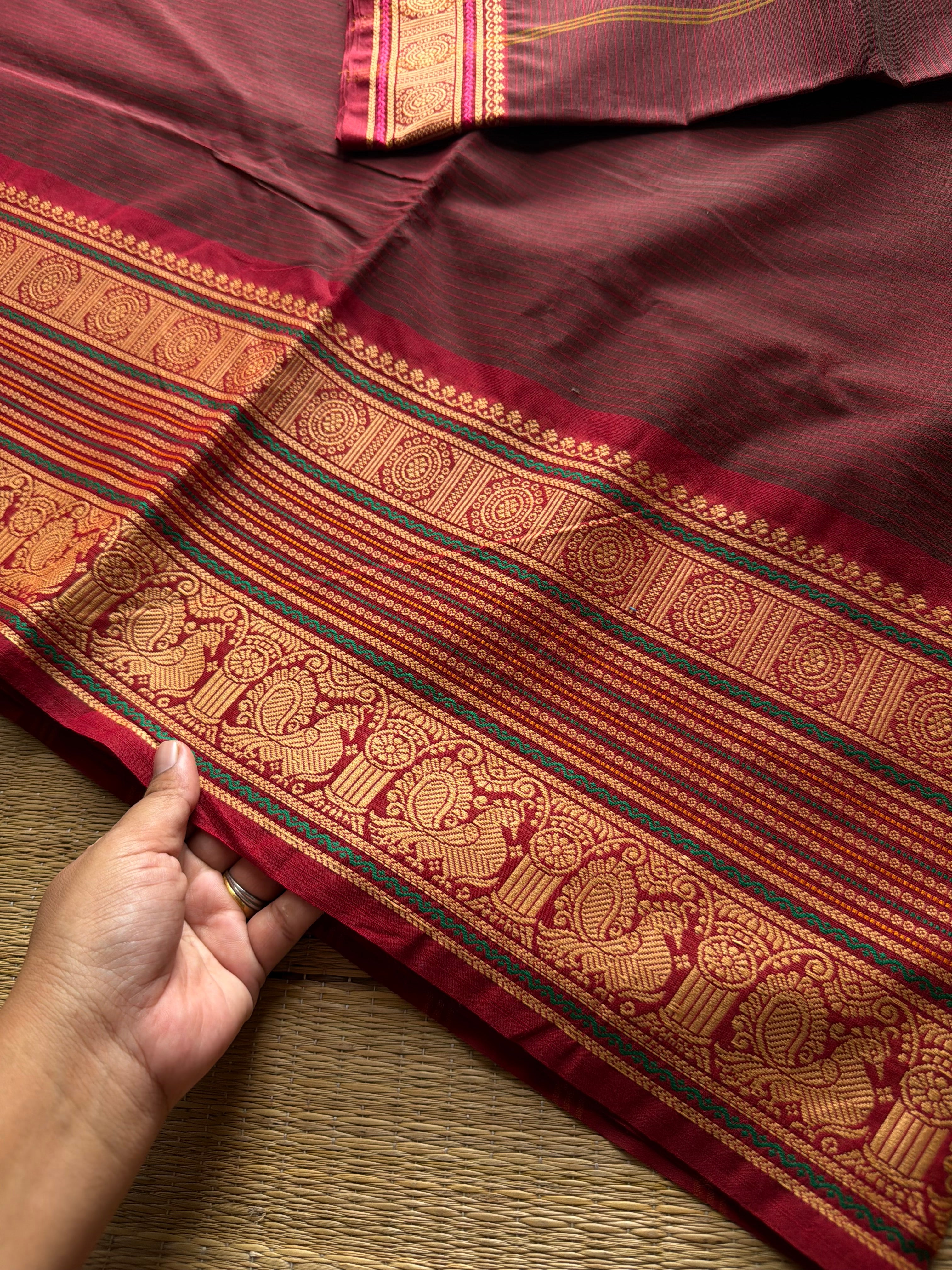 RF908 Maroon ~ Soft Thread border Kanchi cotton saree with small stripped lines pattern