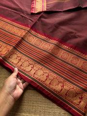 RF908 Maroon ~ Soft Thread border Kanchi cotton saree with small stripped lines pattern