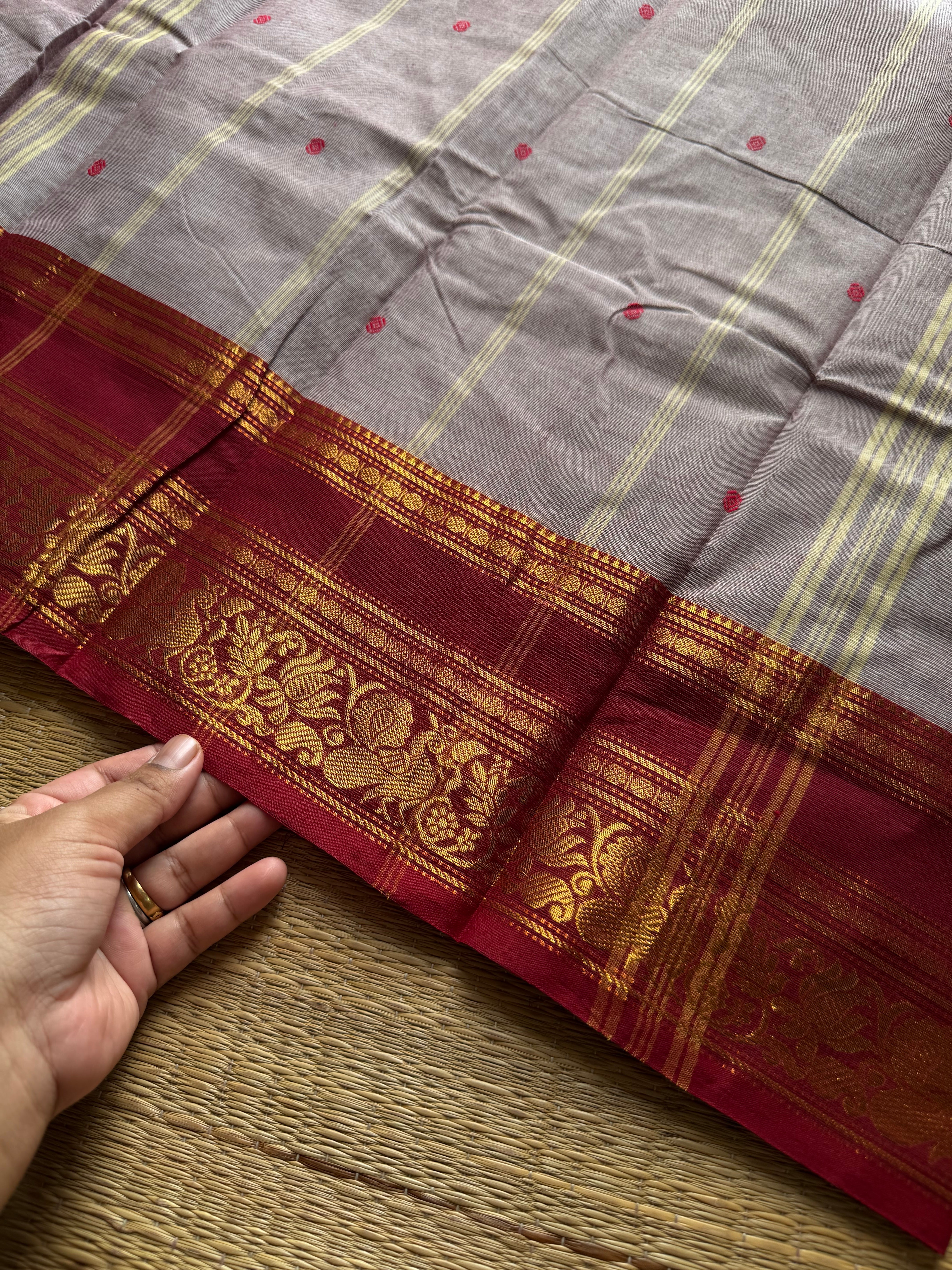RF1347 Light grey shade Kanchi cotton saree with handmade thread buttas
