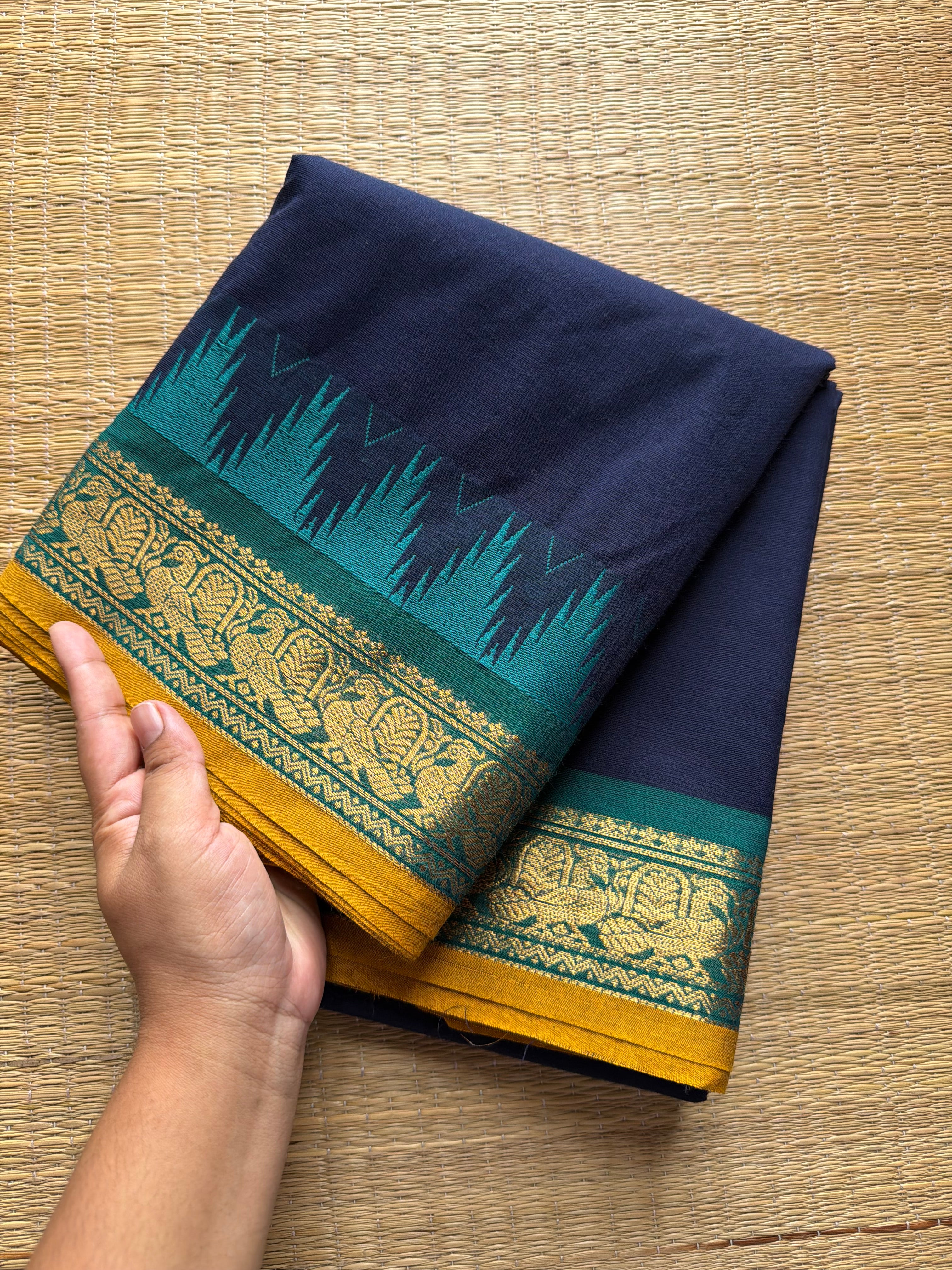 RF203 Royal Blue Shade Kanchi cotton saree with contrast Thazhampoo border