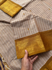 RF152 Cream with mustard yellow combination vintage Vanasingaram border Kanchi Cotton Saree with striped pattern & handmade thread buttas