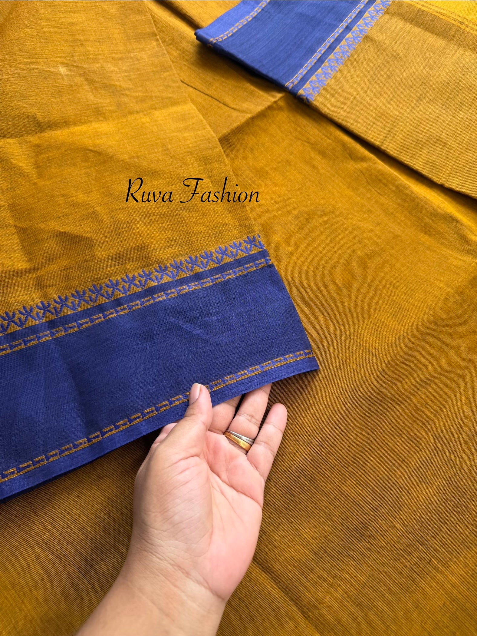 RF171 Mustard shade with royal blue combination thread border Kanchi cotton saree