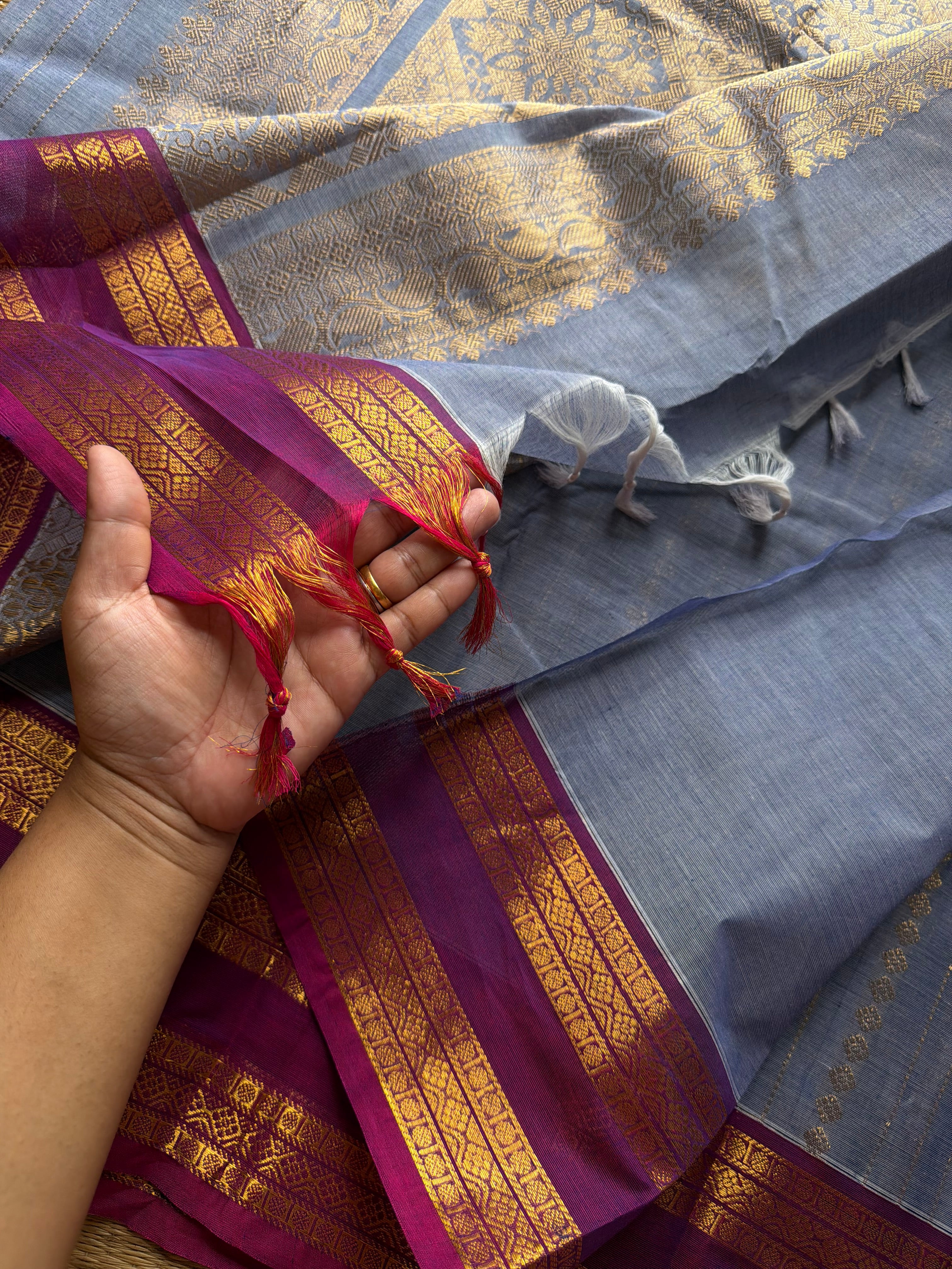 RF1353 Rich Pallu Kanchi cotton saree ~ Dual tone greyish ice blue