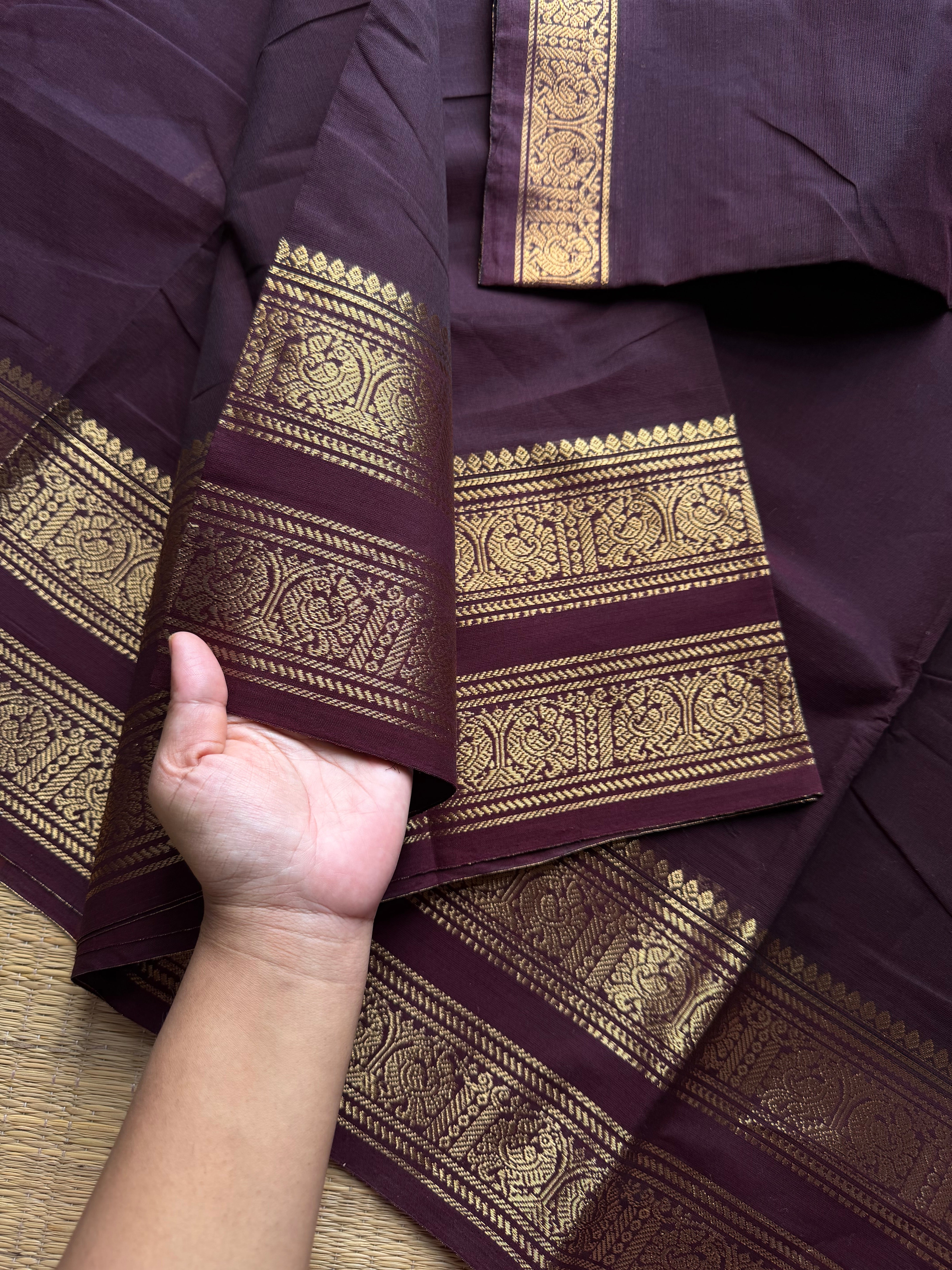 RF1042 Deep Coffee Brown Kanchi Cotton Saree with Rettapet border