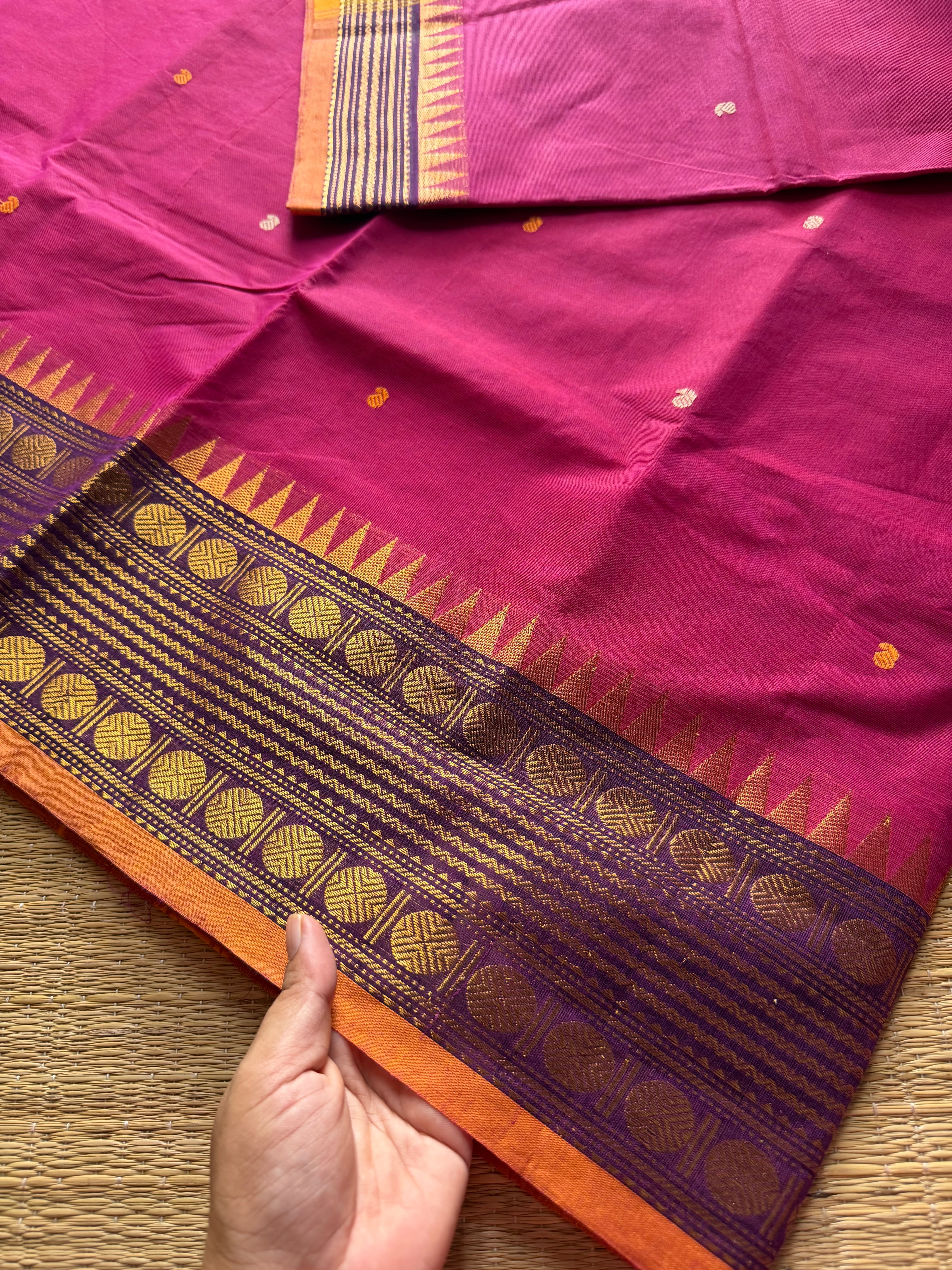 RF378 Magenta pink shade Kanchi cotton saree with unique border and handmade thread buttas