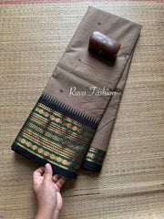 RF17 Grey With Contrast Black Zari Border Kanchi Cotton Saree With Handmade Thread Buttas - RF17
