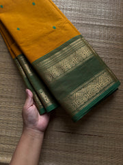 Yellow with green combination Kanchi cotton saree with handmade thread buttas