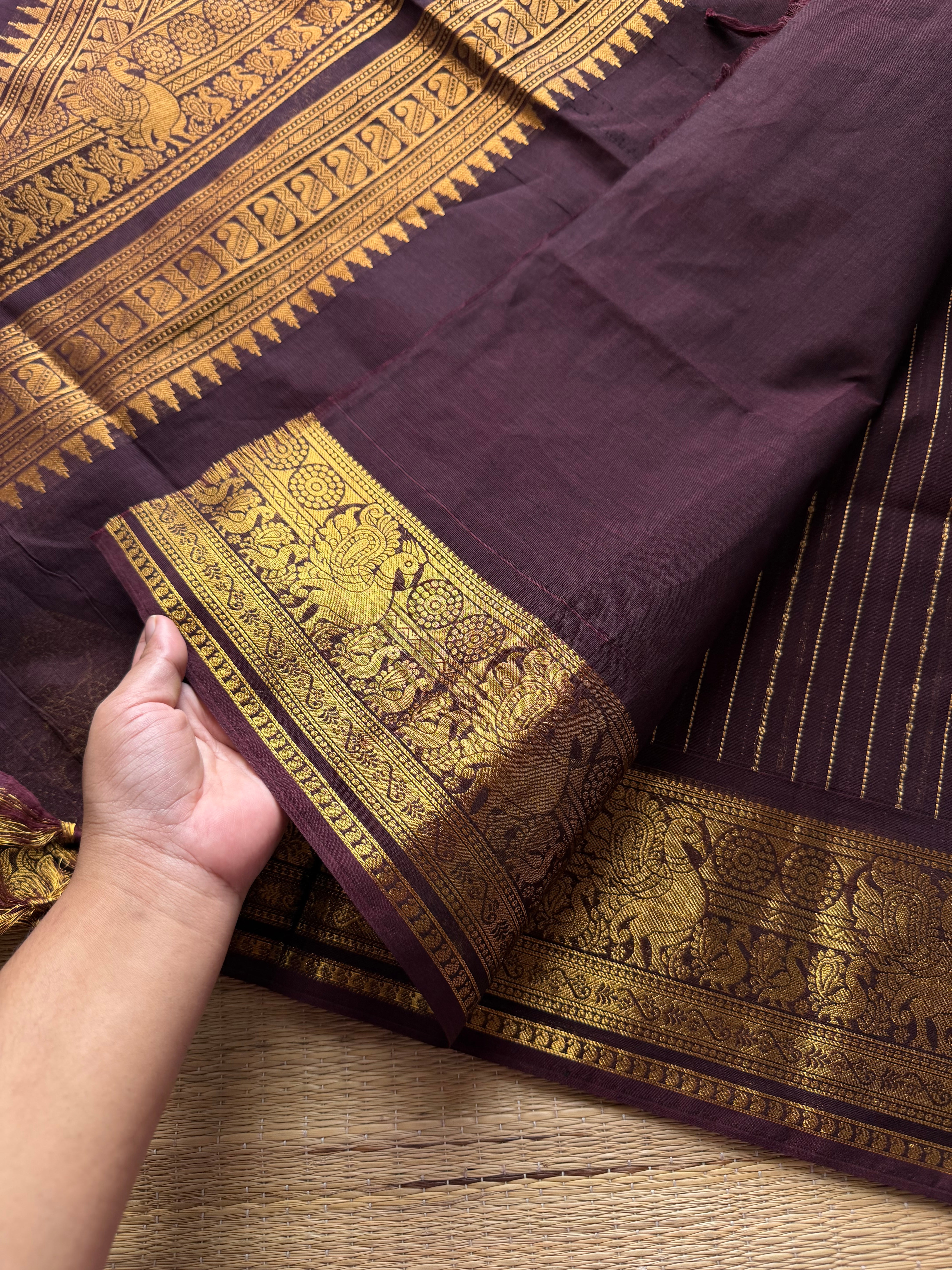 RF660 Rich Pallu Kanchi Cotton Saree with Vairaoosi Pattern ~ Monotone deep coffee brown