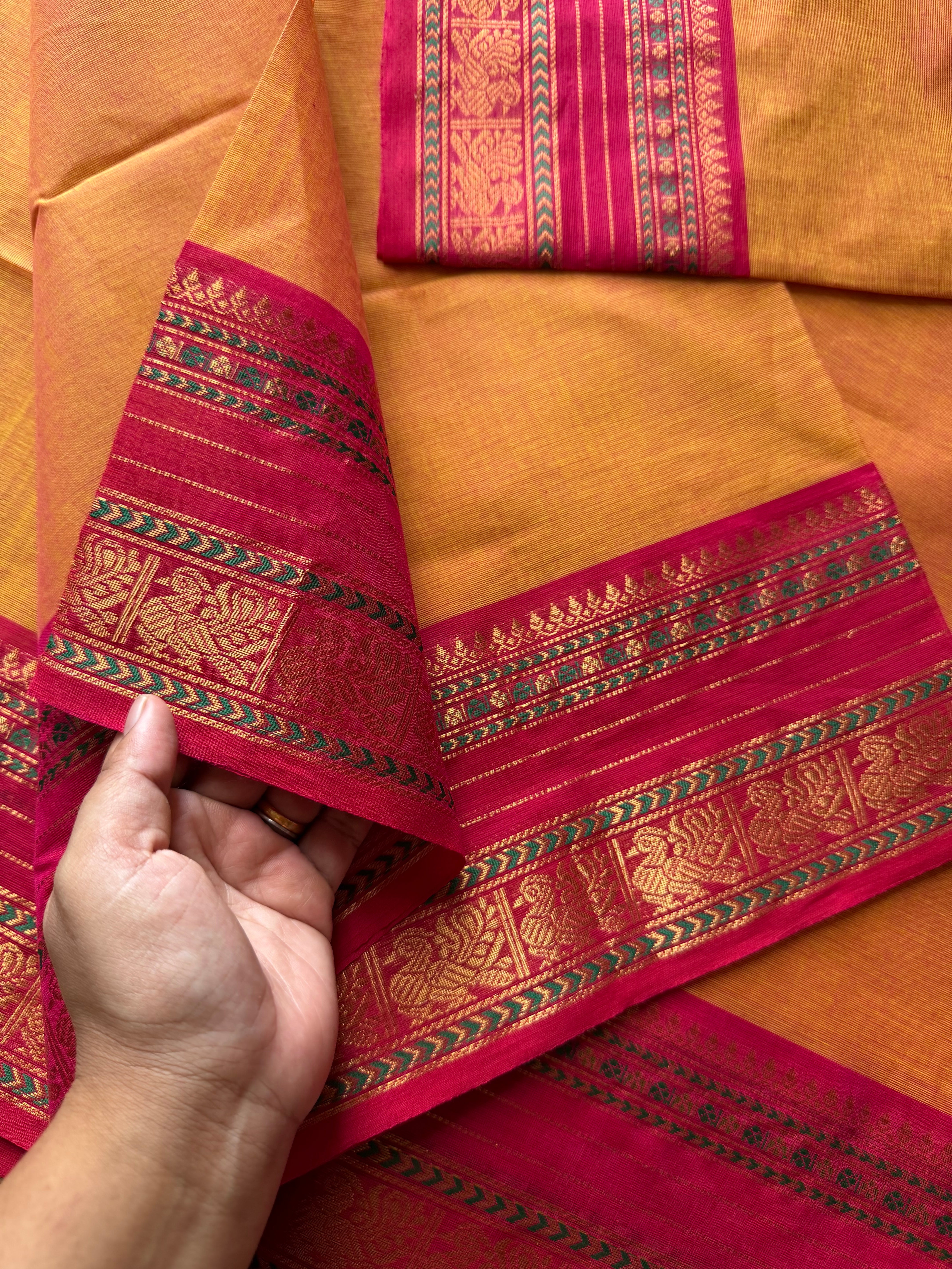 RF551 Mango Shade Kanchi Cotton Saree with contrast Annam pattern unique border