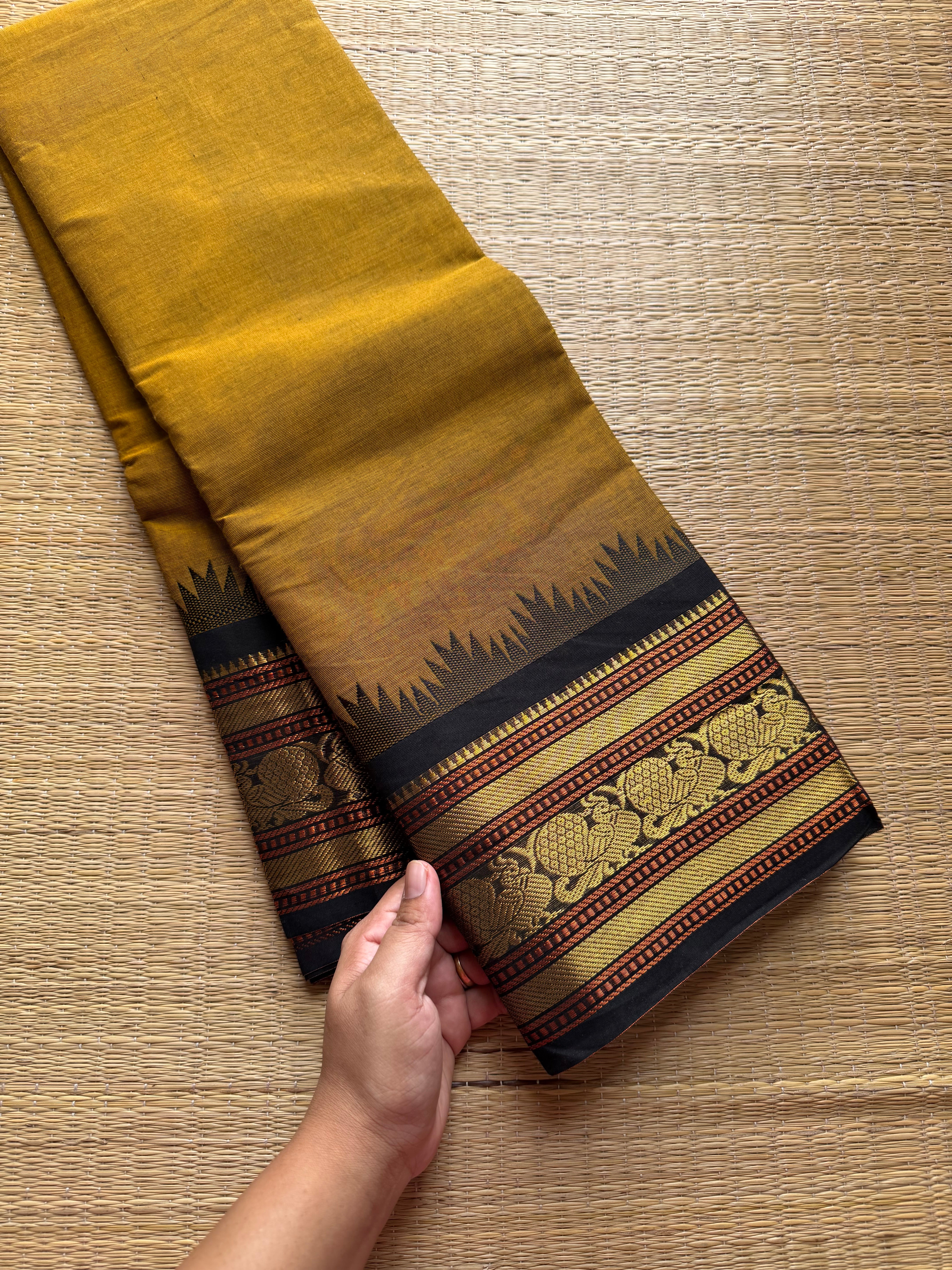 RF493 Mustard with black combination Thazhampoo pattern Kanchi cotton saree