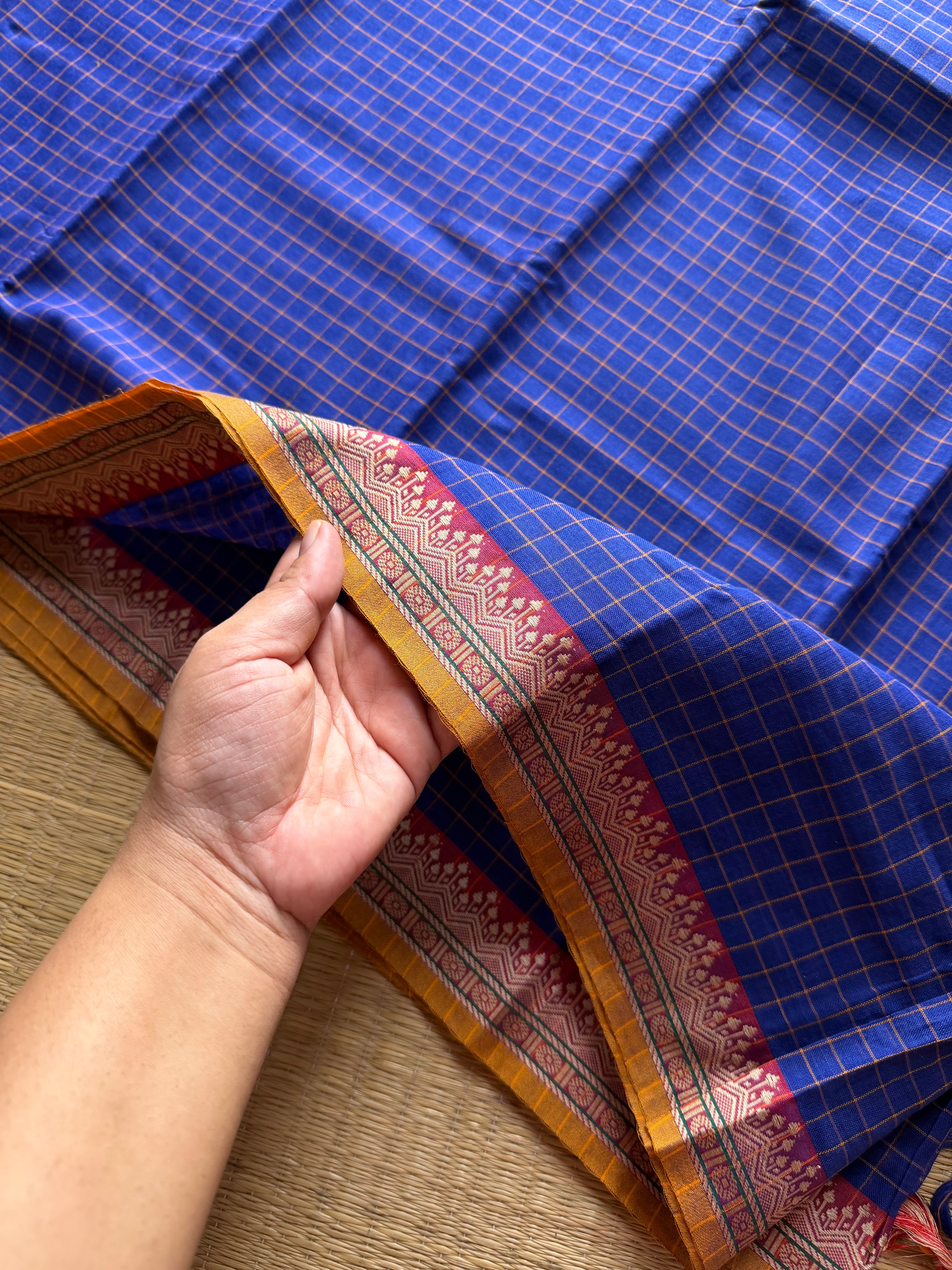 RF520 Royal blue shade Mercerised Narayanpet cotton saree with contrast small border and checks / kattam pattern