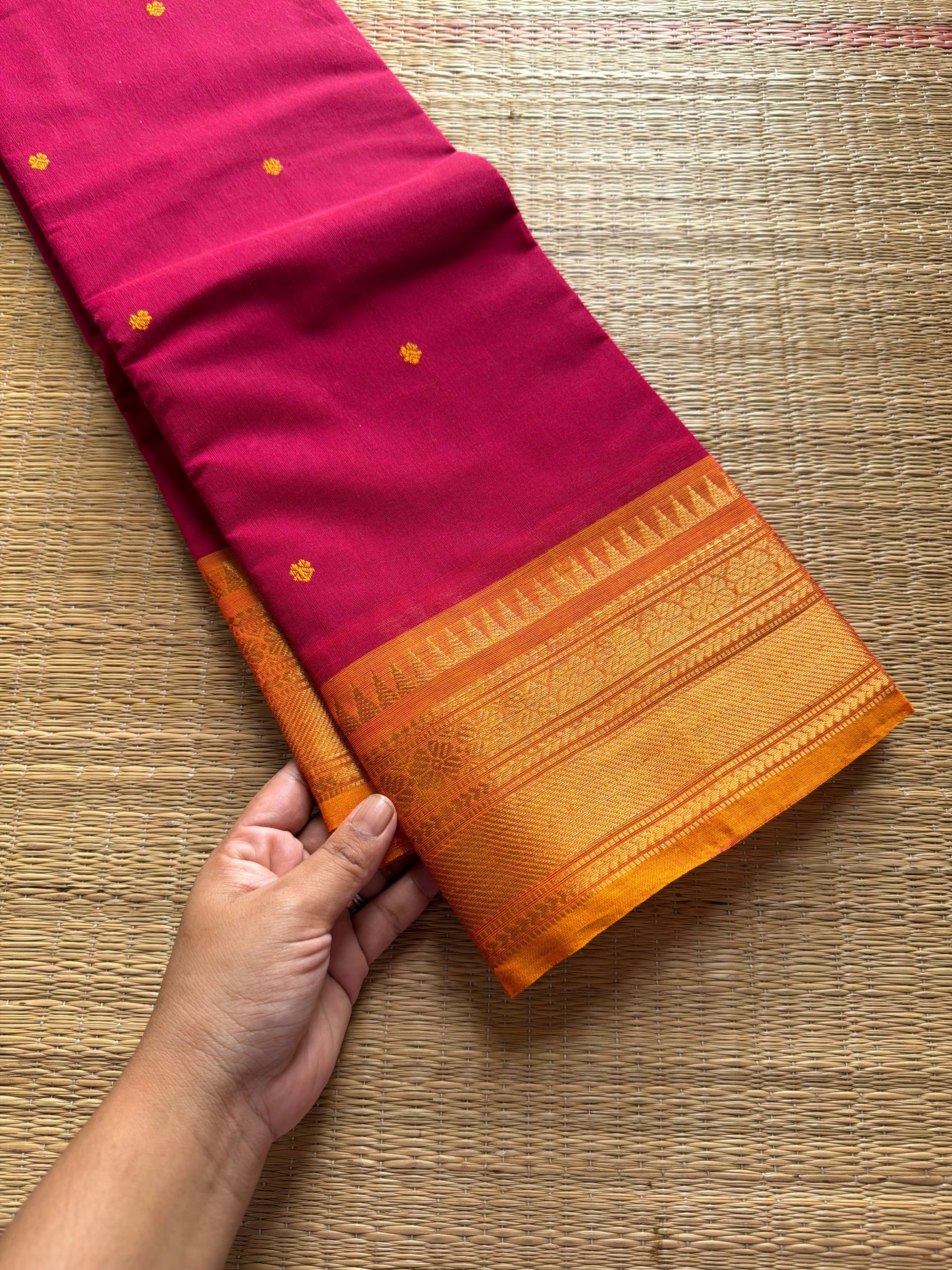 RF606 Magenta Pink with orange combination shade Kanchi cotton saree with handmade thread buttas