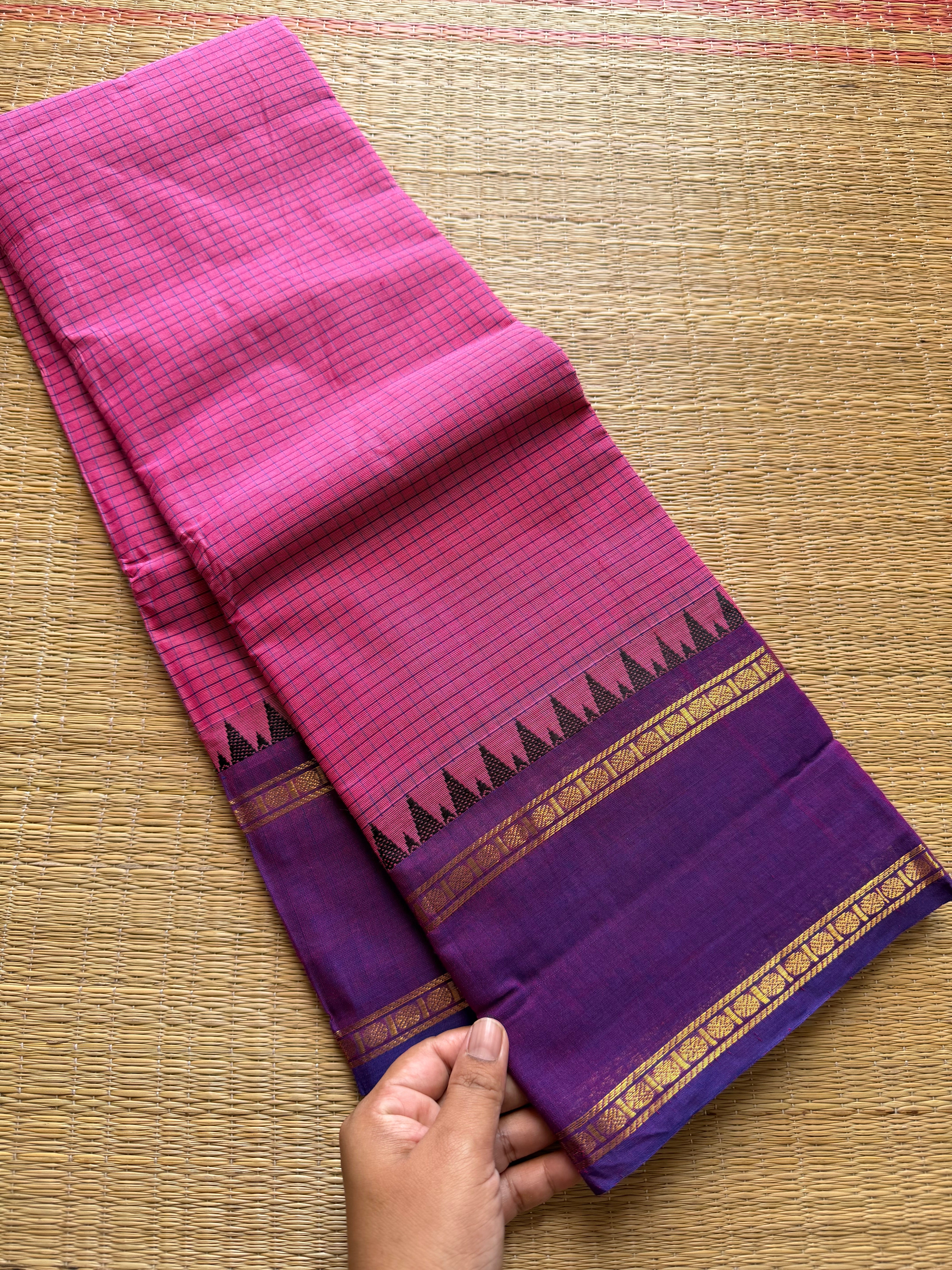RF236 Pink & Purple combination vintage border Podi Kattam Kanchi cotton saree