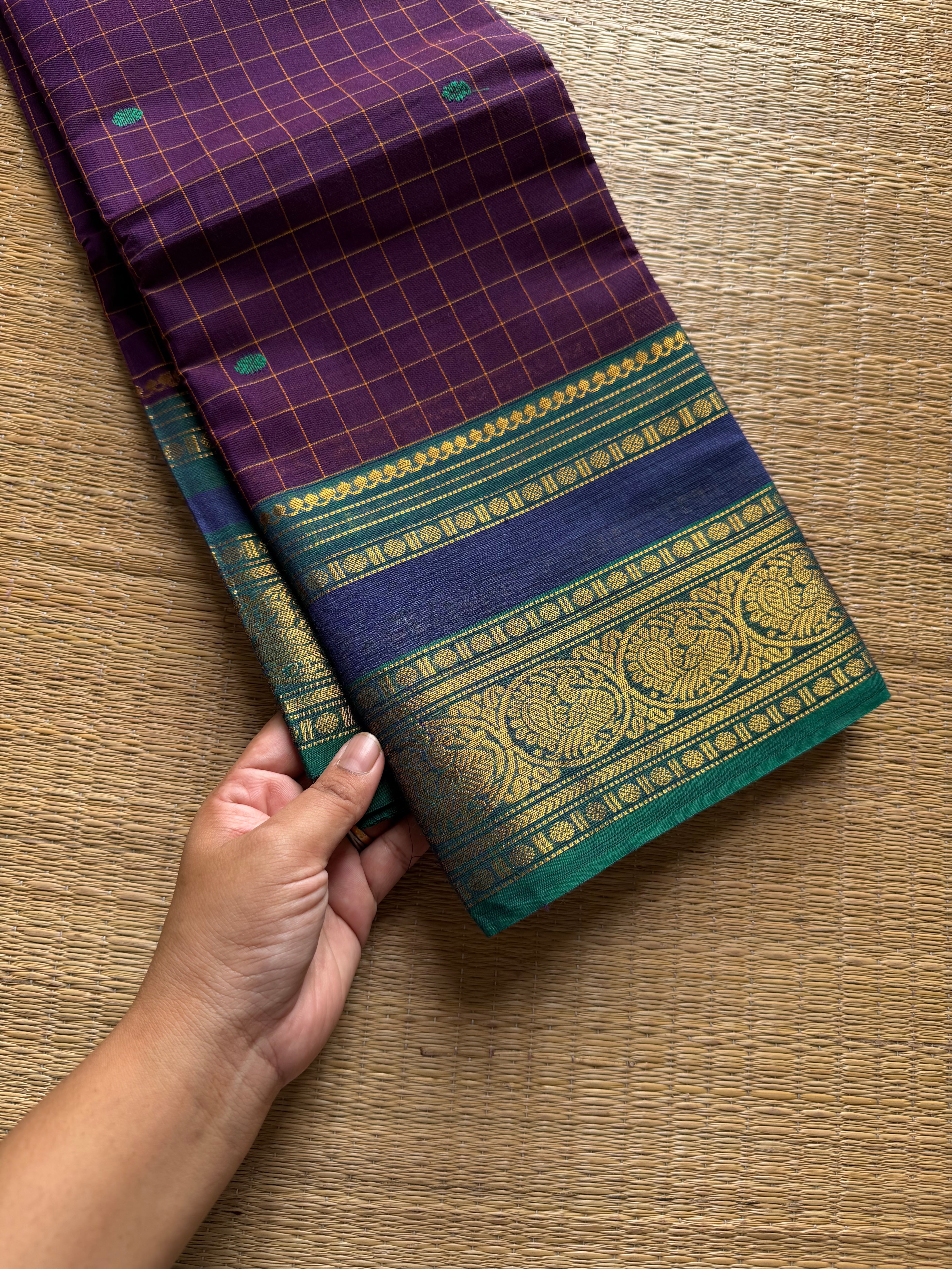 RF1242 Purple ~ Vintage Kattam Kanchi cotton saree with handmade thread buttas