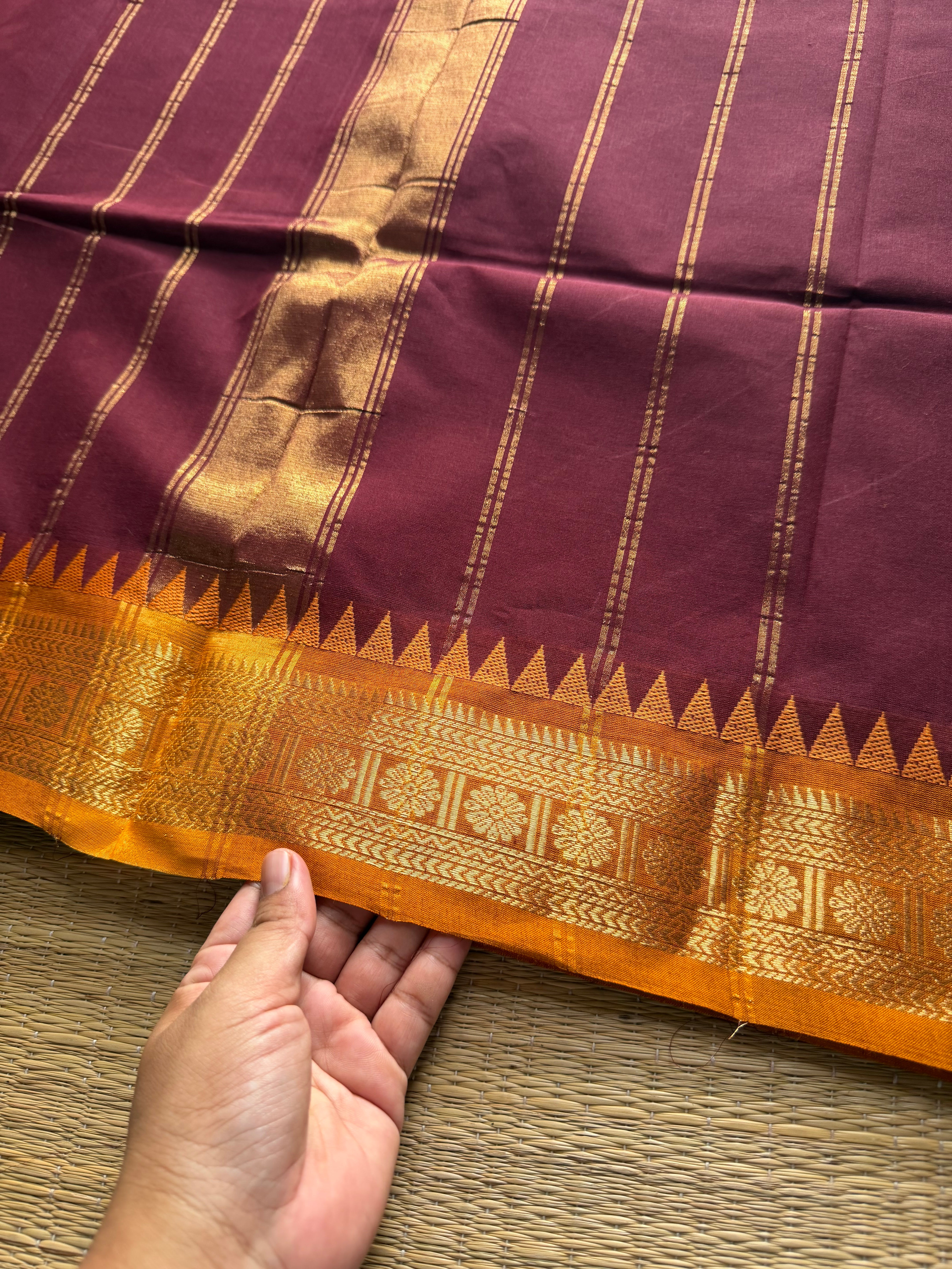 RF287 Maroon shade Kanchi cotton saree with small Zari border